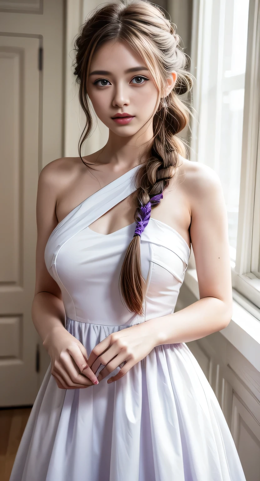 (from below:1.2),(from side:0.9), ((Face)), (Close-Up:0.4), (A masterpiece of image quality in 8K),(Beautiful Allafed Woman),(((emphasizing breasts:1.3))),(Dynamic angles),(Dynamic and sexy bending pose:1.3),(sit a chair:1.3),(Short hair in shiny silver and orange inner colors,large full breasts,Disturbance of clothing due to movement,breast slip,(Ponytail twisted buns adorned with elaborate braids and beads,Braided Setup Fishbone Hair:1.2),(see-through bangs),small breasts,(((A brown lace apron that shows your bare skin from under your small breasts.......)))、Blush with embarrassment、Enraptured eyes、 open mouth,A smile that beguiles the viewer、(Look back:1.7)、Look into the photographer,skin glistening with sweat,gazing at viewer,,(Professional Lighting),(masutepiece,top-quality,Ultra-high resolution output image,),(Ultra HD with complex detail image modes),depth of fields,Beautiful hands,Beautiful fingers,Detailed finger features,(Detailed hair features:1.7),detailed facial features,detailed clothes features,
