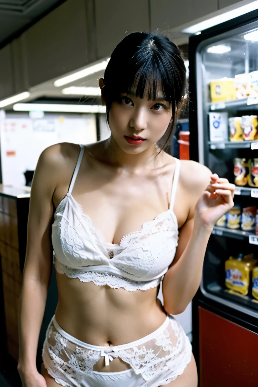 masterpiece,best quality,perfect dynamic composition,1girl,solo,standing front refrigerator int the convenience store,convenience store is closed,closed light,only lighting come from refrigerator int the convenience store,wearing white lingerie,detiled lingerie,detiled pattern on lingerie lace,pretty face,19 years old,short black hair,bangs,long eyelash,double eyelid,beautiful detailed eyes, looking at viewer,seductive expression,show cleavage,show navel,camel toe,fair skin,dynamic pose,dynamic lighting,cinematic lighting,ultra-realistic portrait ,cowboy shot:1.3