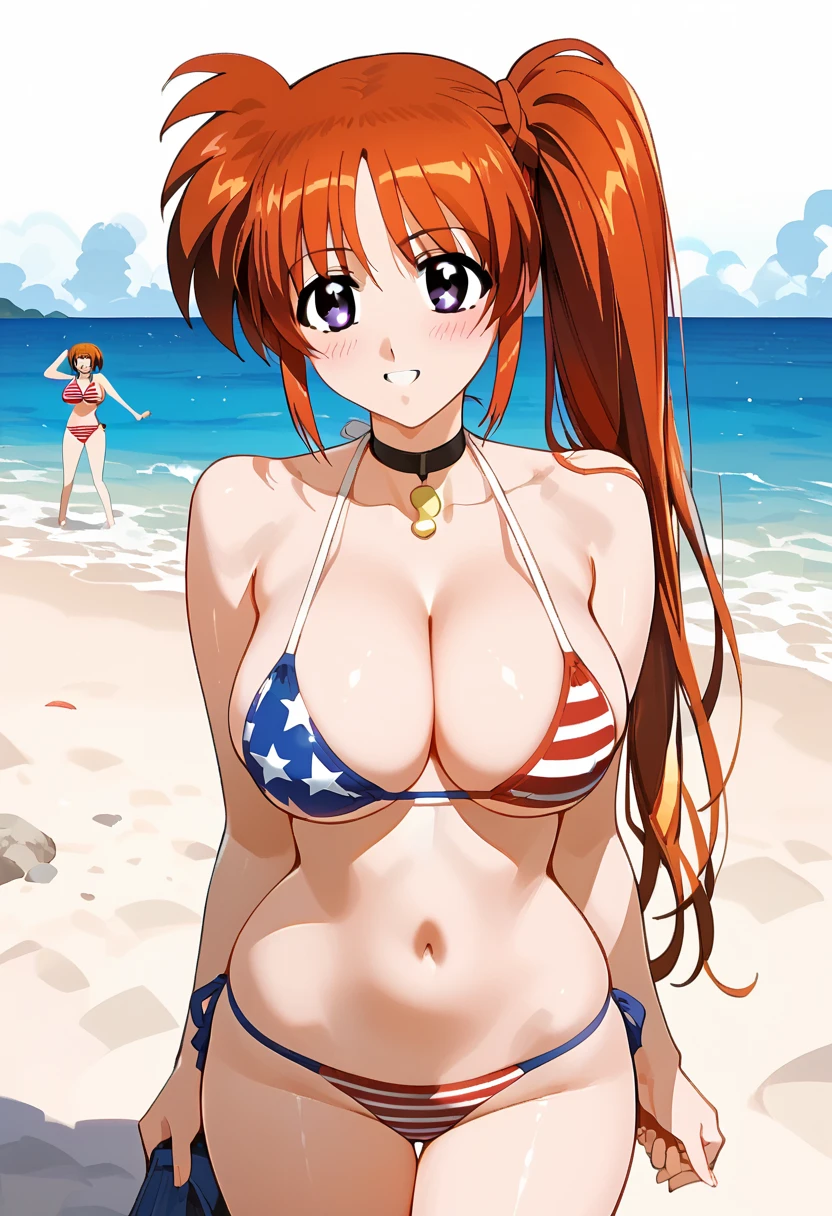 score_9, score_8_up, score_7_up, score_6_up, score_5_up, score_4_up, BREAK uncensored, official art, official style,anime_screencap , anime coloring ,dbj , qqx, cch, zjw , 1girl ,takamachi nanoha,long hair,red hair,purple eyes ,side ponytail , large breasts, sexy breasts ,american flag bikini , sandy beach