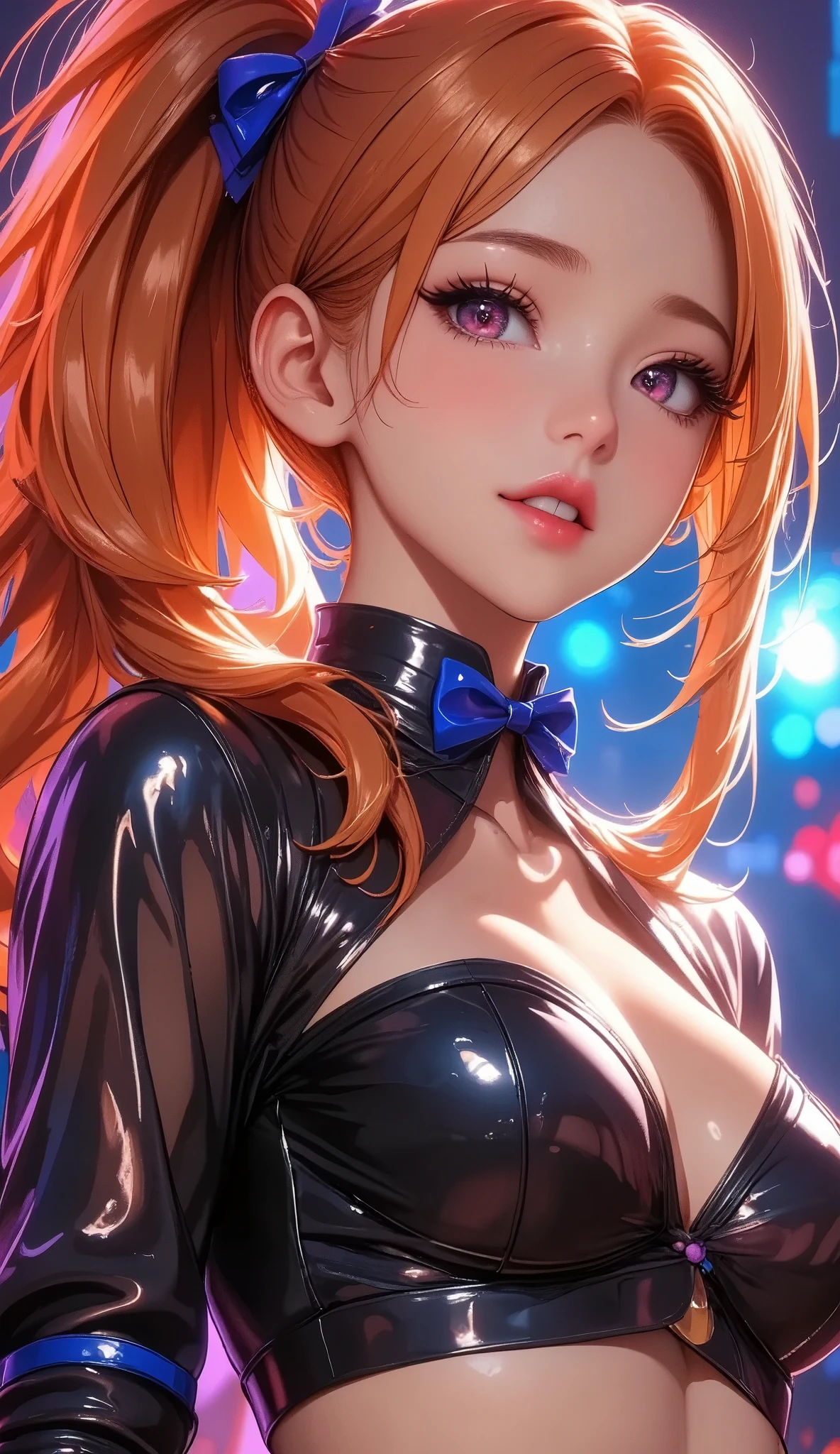  Virtual Idol,  Women with Impressive Beautiful Eyes :1.2,  beautiful eye for detail, Beautiful Detailed Lips ,  highly detailed eyes and faces,  long eyelashes , ((( orange hair,  high position super long ponytail, blue hair accessory :1.4, ( cute expression , smile,  and open your mouth wide, (( black latex idol costume :1.6,  off-shoulder , Split collar ,  Blue Ribbon , Cropped tops:1.2)),  live music stage background with every detail, (( Sexy Poses,  low angle shot)), Detailed lighting and shadows ,  Anime Style :1.2,  photorealistic, 8k,  Hi-Res, Super detailed, masterpiece:1.4,  bright colors , Colorful stage lighting.