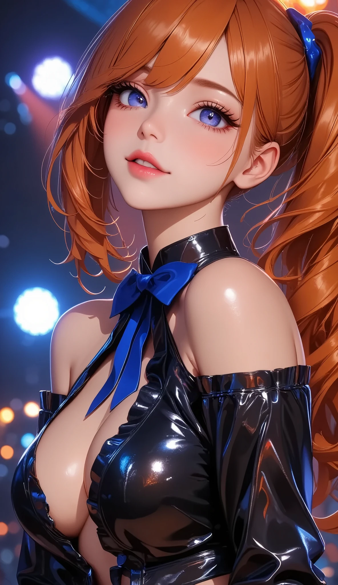  Virtual Idol,  Women with Impressive Beautiful Eyes :1.2,  beautiful eye for detail, Beautiful Detailed Lips ,  highly detailed eyes and faces,  long eyelashes , ((( orange hair,  high position super long ponytail, blue hair accessory :1.4, ( cute expression , smile,  and open your mouth wide, (( black latex idol costume :1.6,  off-shoulder , Split collar ,  Blue Ribbon , Cropped tops:1.2)),  live music stage background with every detail, (( Sexy Poses,  low angle shot)), Detailed lighting and shadows ,  Anime Style :1.2,  photorealistic, 8k,  Hi-Res, Super detailed, masterpiece:1.4,  bright colors , Colorful stage lighting.