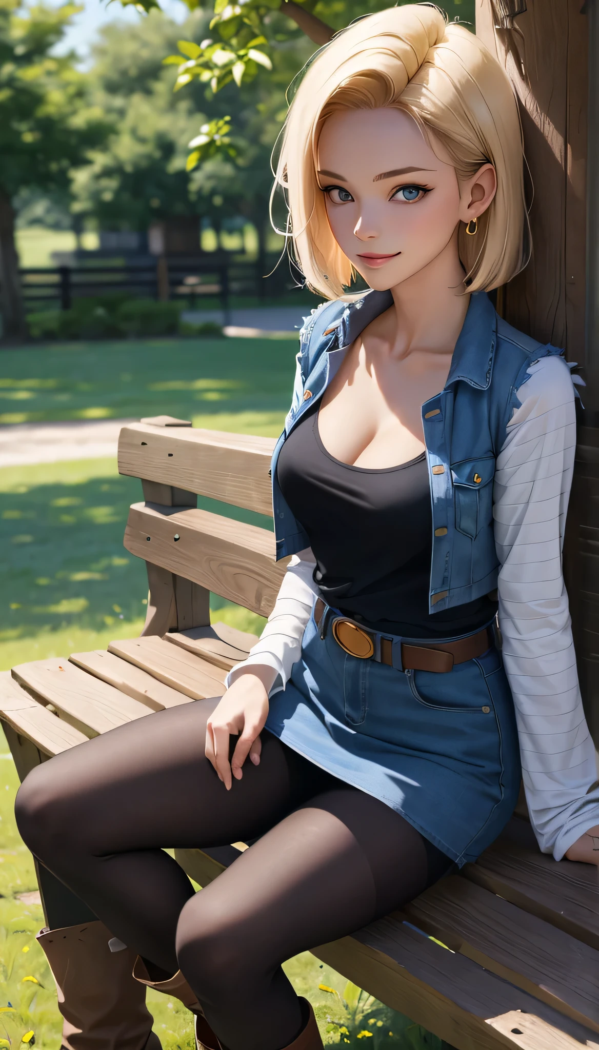 Android 18, Light Blonde hair, Medium Bob hair, Blue eyes, Wearing earrings, Long sleeves, Light blue denim mini skirt, Light blue mini denim vest, Black T-shirt with high cleavage, Big breasts, Belt, Dark brown see-through pantyhose, Western short boots, Looking at viewer, Slight smiling with closed lips sitting, On bench, She raised her right leg and gently placed the heel of her right boot on another very low bench in front of her, Blue sky, sit on a bench, outside, park, grass, Summer, trees, blue sky, high quality, masterpiece,