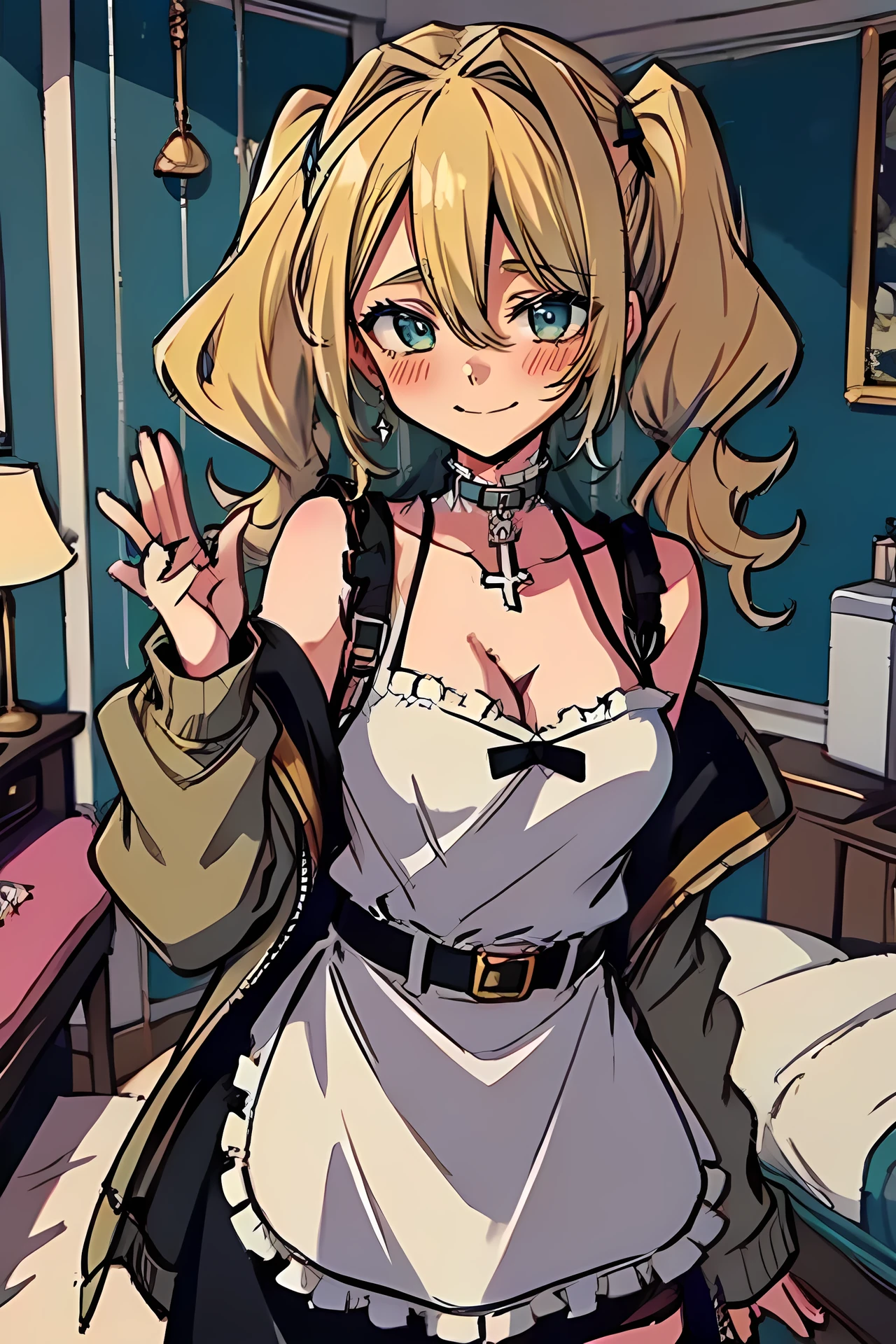 (masterpiece:1.2), (high quality:1.2), rekkyo sensen, rekkyou sensen, girls with(((1girl, solo, aiden d adams, blonde hair, teal eyes, smiling, blush, wavy medium hair, low twintails:1.3), maid, off-shoulder sleeves, bare shoulder, breasts, choker, cleavage, coat, cowboy shot, (white frilled dress:1.2), camisole, stright dress, (((stright dress)))wear, white apron, collar, collarbone, rosary, rosary choker, cross, fur, khaki hoodie, green hoodie, hood down, hooded coat, hooded jacket, hoodie, jacket, large breasts, long sleeves, medium breasts, open clothes, open coat,open hoodie, sleeveless, winter clothes, zipper, cleavage, upper body, hand up, waving, palm)), background with((bedroom, room:2.0))