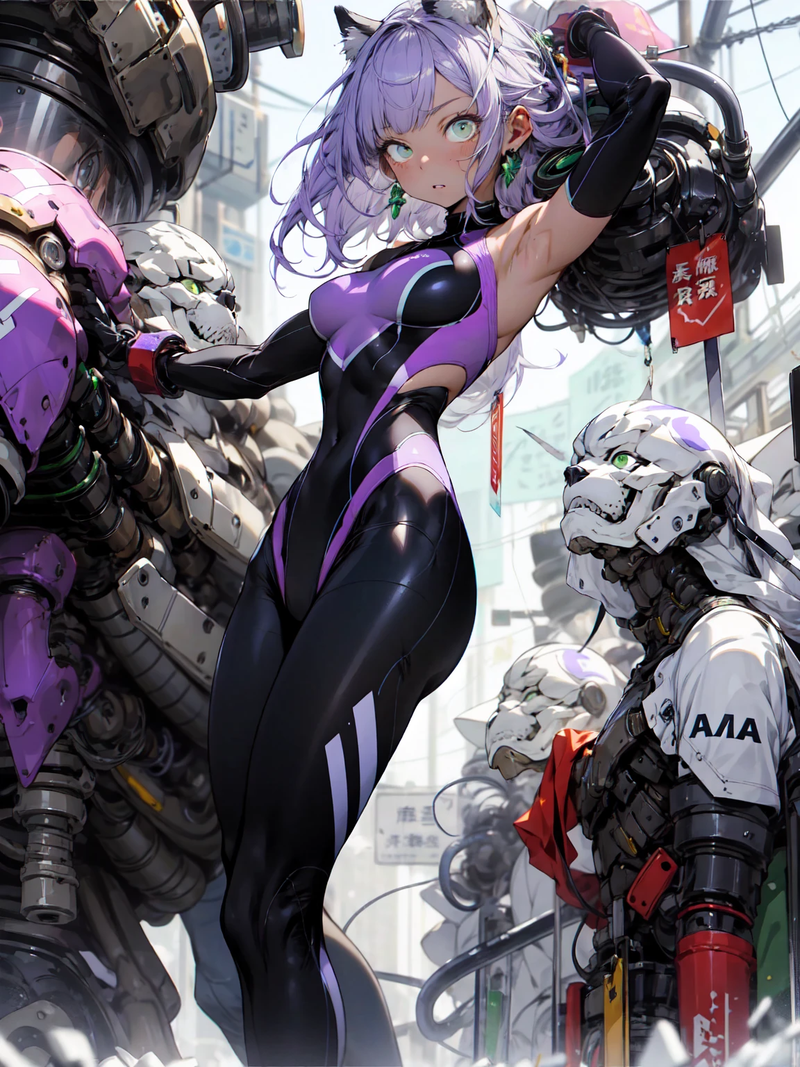 Be realistic、（masterpiece）、Best Quality、Best Quality、 very detailed、 Fractal Art、Most detailed、（Abstract Background：1.5）（1 Girl）、Kamimei、（purple wolf hair）、（puppet、Green Eyes、Pale skin、 purple hair、Long Hair、 dull bangs、Big Breasts、 tight abs 、Stunned）、 crystal 、 black competitive swimsuit、 high leg、Sexy、Crimson Machine Armor、 sunburned skin from before、irritated eyes 