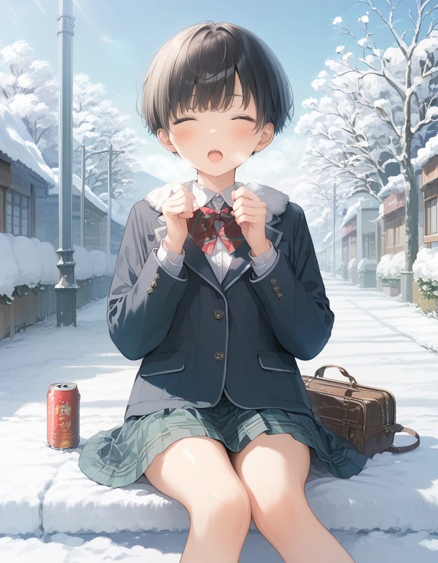 score_9, score_8_up, score_7_up, source_anime, best quality, masterpiece, official art, absurdres, highres, ultra-detailed,waifu2x,  break,1girl, very short hair, pixie cut, flipped hair, beautiful breasts,school uniform, snow, winter, open mouth, (yawn:0.3),  sitting, drink can, hot breath, wind, outdoors, breasts focus, break,(clear line illustration:1.2), super detailed skin,shiny skin,very high resolution, very aesthetic, Best sexual lighting powered by famous artist, 8k, 16k, cute picture,beauty illustration,photoshop_(medium),,best anime 8k konachan wallpaper, pixiv contest winner,uncensored,