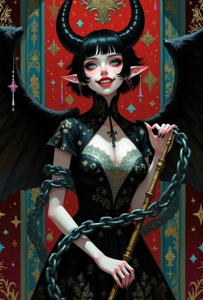 A painting。 A charming lady , 1 succubus,   with long red teeth and a short black cut with slanted bangs, trumpet,  huge wings ,  She is surrounded by chains  , look up, Charm, Tempting, Smile, Dark fantasy creature ,