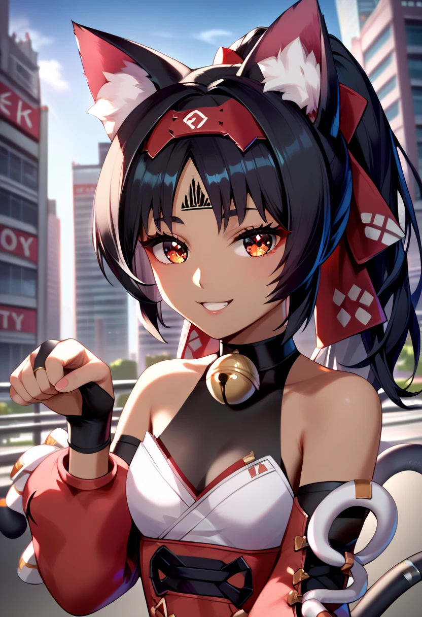 (Masterpiece, Ultra-high resolution, 8k, High Quality, Top quality, High-Detailed, Detailed CG, Cinematic Shadow:0.5, Beautiful Detailed Eyes, Ultra Resolution, Depth of Field, High Resolution, Masterpiece: 1.2), (Anime Art style), (upper body), (city:1.4), 1girl, solo, nekomiya, red eyes, black hair, dark skin, ponytail, cat ears, cat tail, two tails, hairband, red bow, hair bow, forehead mark, sleeveless shirt, red leotard, black shorts, detached sleeves, puffy long sleeves, bridal gauntlets, choker, neck bell, thighhighs, red footwear, knee boots, black fur, small breasts, beautiful breasts, happy, smile, paw pose,