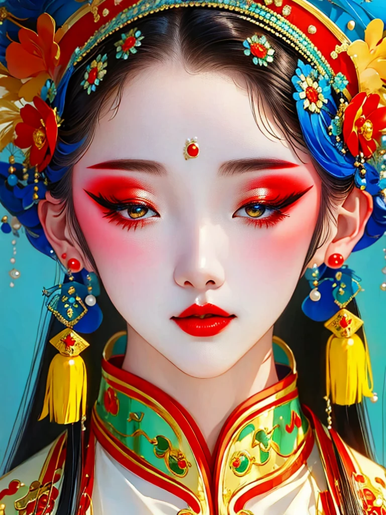 (masterpiece,  best quality:1.2), 1 girl at home, beautiful ，portrait，Chinese Peking Opera ，Gorgeous Clothing，Exquisite headdress， Flower headdress ，tassel，pearl， clean background， blue， red ，Green