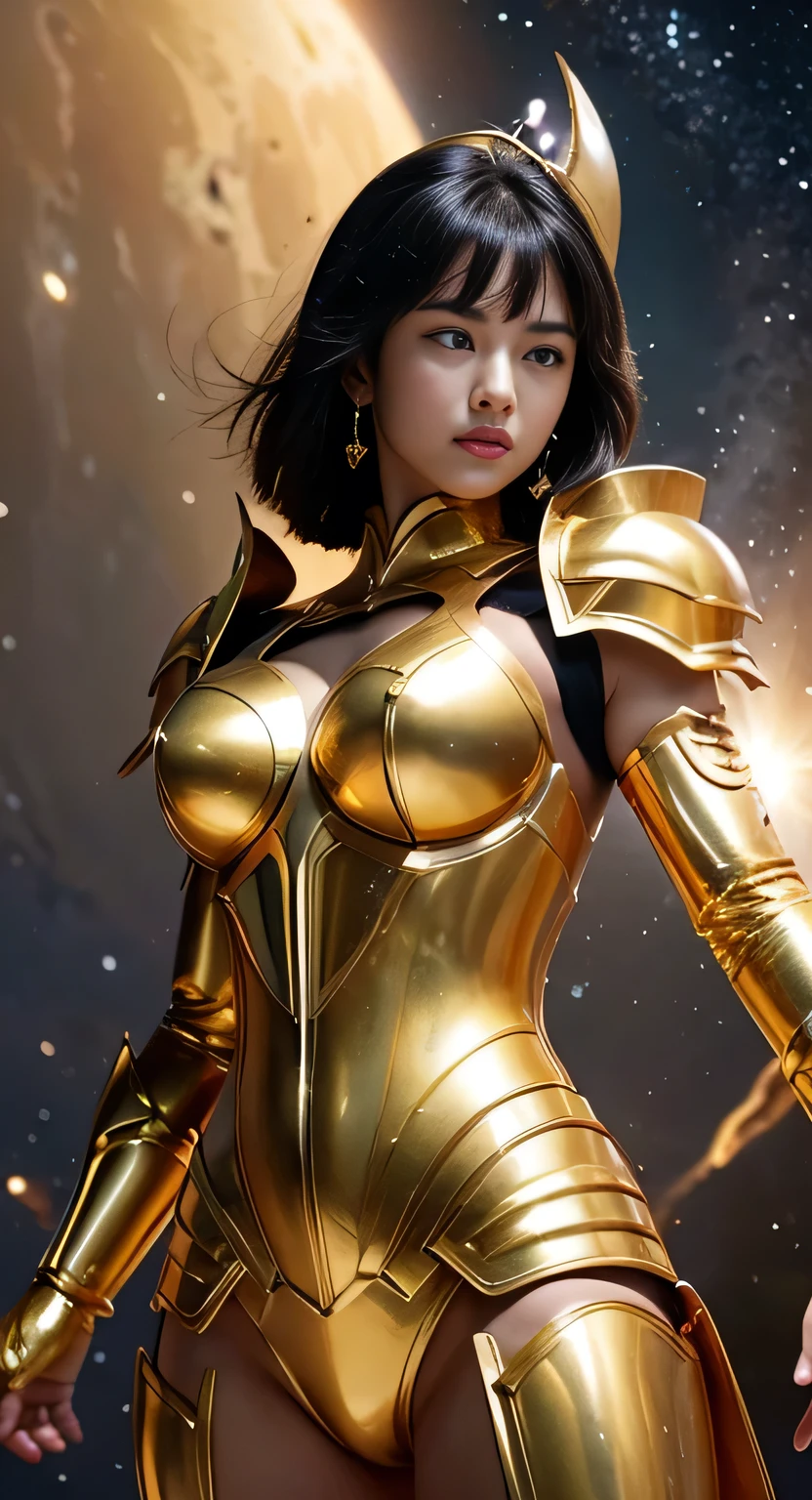 Saint Seiya,Gold Armor,movie light,ralistic,highly detailed,bright, universe, nebula, detailed, hyper realistic, clean background trending, bright background, high on details,8k --niji 5 --style expressive --s 400