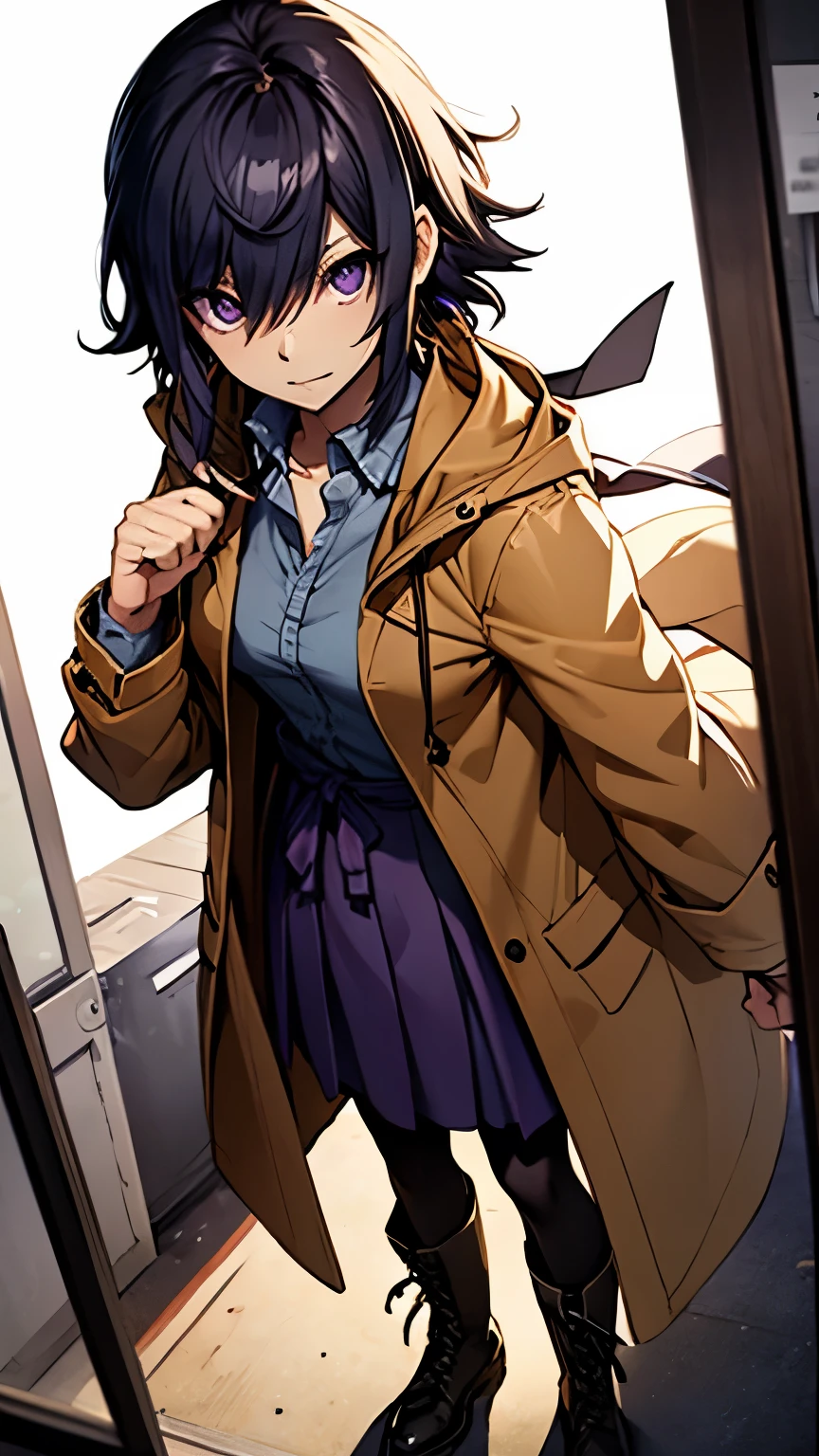 {best quality, masterpiece, high resolution}, solo, {{full body:0.7}}, black hair, hair between eyes, Red ribbon at chest, short hair, black_hair, purple_eyes, hair_between_eyes, chest, black_hair, short_hair, one_woman, looking_at_viewer, ochre_coat, coat, bangs, white_shirt, red_ribbon, {hakama_skirt, slit}, black_pantyhose, short_boots, {white_background:0.8}, closed_mouth