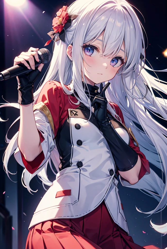 (RAW Photo: 1.2), (Photorealistic: 1.4), (Masterpiece: 1.3), (Best Quality: 1.4), Ultra High Resolution, (Detailed Eye Features), (Detailed Facial Features), (Detailed Clothing Features), HDR, 8k Resolution, Solo Focus, Skin Tight, (Glossy Skin), (Slender Girl), (Ultra Detailed Illustration), Check Commentary, Commentary request, no letters, , VirtualGirl-Aim, 1 girl, full body, cute, innocent, (smile), perfect body, white and beautiful skin, wavy silver hair, short cut, ponytail, red ribbon, beautiful green eyes, smile, idol, stage costume, mini skirt with frills, white knee socks, on stage, absolute territory, confetti fluttering, Penlight, big, singing with microphone in left hand, right hand on hip, fox ears, one fox tail,