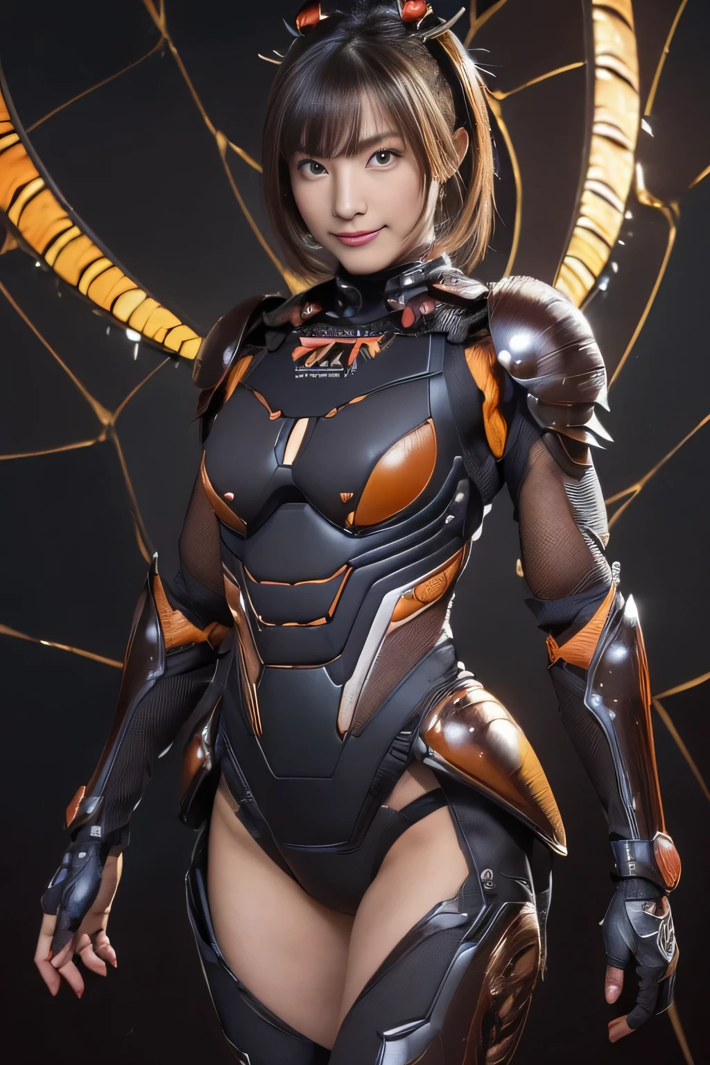 (high resolution,masterpiece,best quality,extremely detailed CG, anime, official art:1.4), realistic, photo, amazing fine details, all intricate, gloss and shiny,awesome many layers, 8k wall paper, 3d, sketch, kawaii, illustration,( solo:1.4), perfect female proportion,villainess, (fusion of dark brown cockroach and lady:1.4), (brown cockroach form lady:1.2), (brown cockroach lady:1.2), (fusion:1.2), (solo:1.4), (evil smile:1.2), muscular, abs, (cockroach brown exoskeleton bio insect suit:1.4), (cockroach brown exoskeleton bio insect armor:1.2), (brown transparency cockroach wing:1.4), (brown cockroach antennae:1.3),