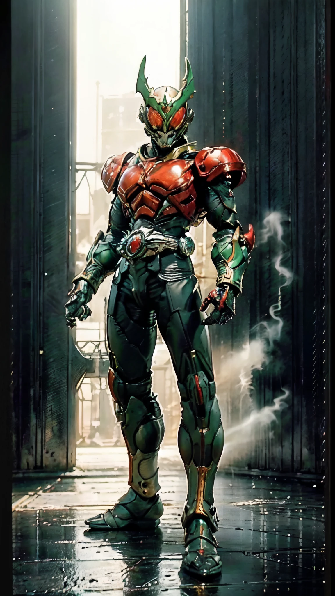 (masterpiece:1.5, best quality:1.5, extremely delicate:1.5), ((male:1.5)), a man wearing a full-face helmet, green eyes, fantasy-style high-tech biomimetic armored combat suit, (a composite layered chest armor), the design balances heavy with agility, fully enclosed shoulder guards, matching arm and leg guards, a belt of gemstone, (the color scheme is primarily Scarlet with White and Green accents, Organic Biotech, Concept Inspired by Demon Dragon, glowing eyes, armor glows, stand of a futuristic sci-fi city), this character embodies a finely crafted fantasy-style armored hero in anime style, exquisite and mature art style, metallic, high definition, highres, ultra-detailed, ultra-fine painting, professional, perfect body proportions, golden ratio, anatomically correct, symmetrical face, extremely detailed eyes and face, high quality eyes, creativity, RAW photo, UHD, 32k, Natural light, cinematic lighting, masterpiece-anatomy-perfect