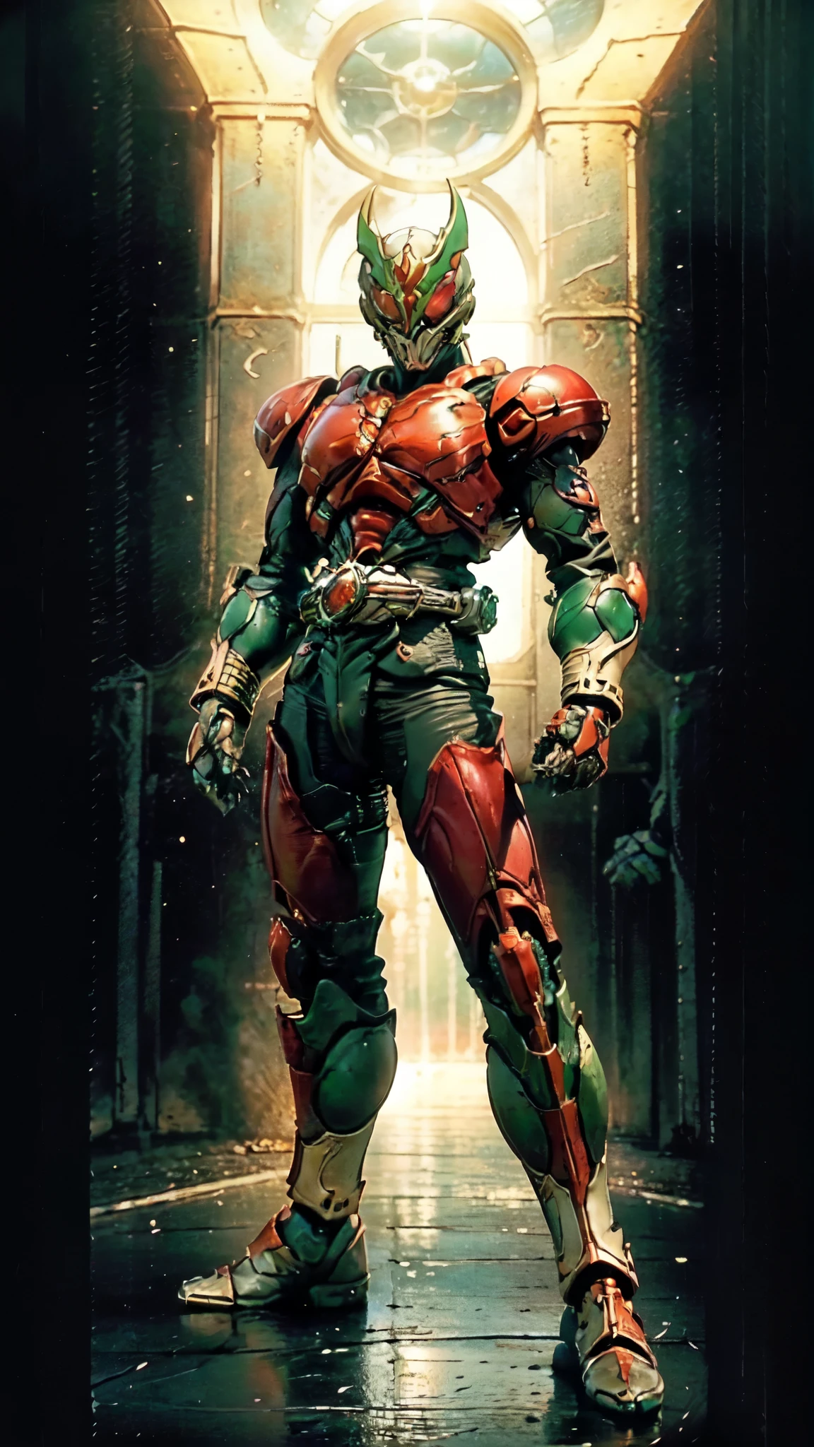 (masterpiece:1.5, best quality:1.5, extremely delicate:1.5), ((male:1.5)), a man wearing a full-face helmet, green eyes, fantasy-style high-tech biomimetic armored combat suit, (a composite layered chest armor), the design balances heavy with agility, fully enclosed shoulder guards, matching arm and leg guards, a belt of gemstone, (the color scheme is primarily Scarlet with White and Green accents, Organic Biotech, Concept Inspired by Demon Dragon, glowing eyes, armor glows, stand of a futuristic sci-fi city), this character embodies a finely crafted fantasy-style armored hero in anime style, exquisite and mature art style, metallic, high definition, highres, ultra-detailed, ultra-fine painting, professional, perfect body proportions, golden ratio, anatomically correct, symmetrical face, extremely detailed eyes and face, high quality eyes, creativity, RAW photo, UHD, 32k, Natural light, cinematic lighting, masterpiece-anatomy-perfect