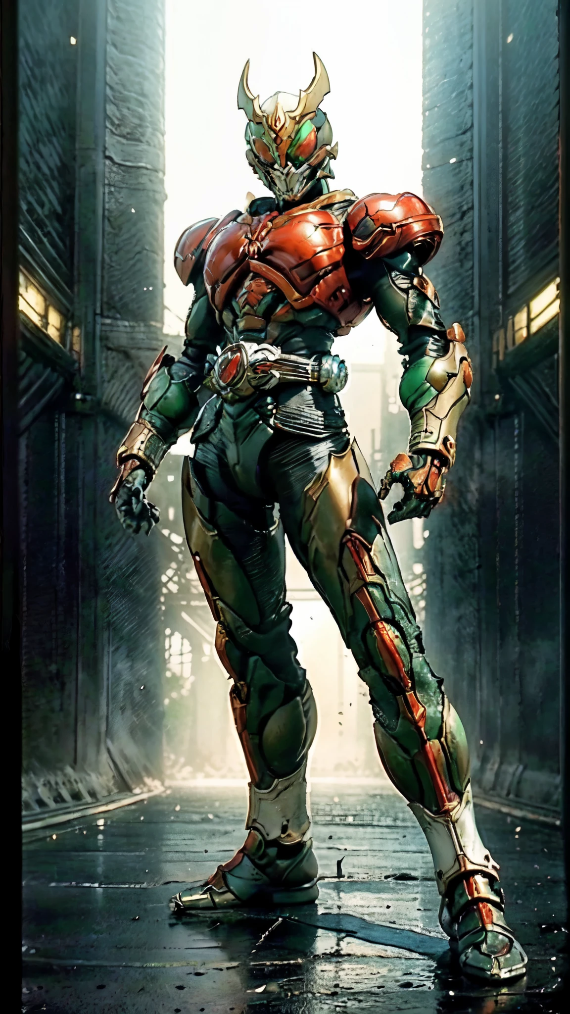 (masterpiece:1.5, best quality:1.5, extremely delicate:1.5), ((male:1.5)), a man wearing a full-face helmet, green eyes, fantasy-style high-tech biomimetic armored combat suit, (a composite layered chest armor), the design balances heavy with agility, fully enclosed shoulder guards, matching arm and leg guards, a belt of gemstone, (the color scheme is primarily Scarlet with White and Green accents, Organic Biotech, Concept Inspired by Demon Dragon, glowing eyes, armor glows, stand of a futuristic sci-fi city), this character embodies a finely crafted fantasy-style armored hero in anime style, exquisite and mature art style, metallic, high definition, highres, ultra-detailed, ultra-fine painting, professional, perfect body proportions, golden ratio, anatomically correct, symmetrical face, extremely detailed eyes and face, high quality eyes, creativity, RAW photo, UHD, 32k, Natural light, cinematic lighting, masterpiece-anatomy-perfect