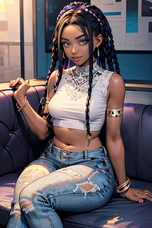 1girl, official anime art illustration, (long ((violet)) dreadlocks), violet eyes, rounded nose, (tall plump dark-skinned Haitian mature woman inside omakase restaurant), small breasts, (wearing sleeveless lace and silk crop top), tatoo above navel, golden armlets and bracelets, ripped skinny jeans, plump thighs, waist beads, smile, perfectly photorealistic, incredibly detailed, 8k, UHD, masterpiece, best quality, ultra detailed, intricate,