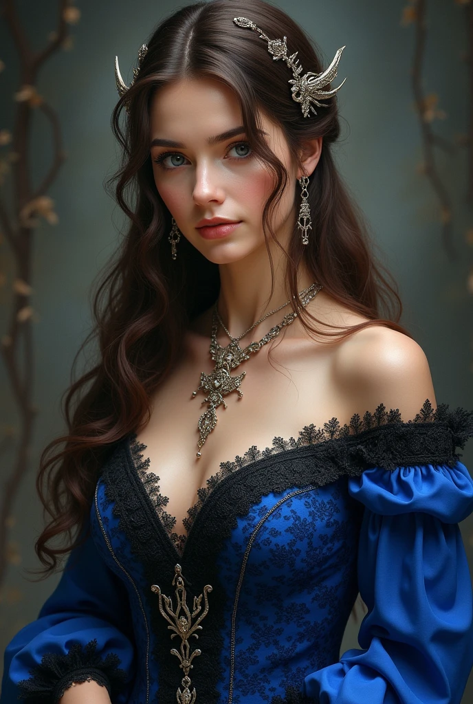 (best quality,highres)Beautiful girl with wavy long hair,blue eyes,ironic smile,sit on throne,badass,dark atmosphere,fantasy queen clothes