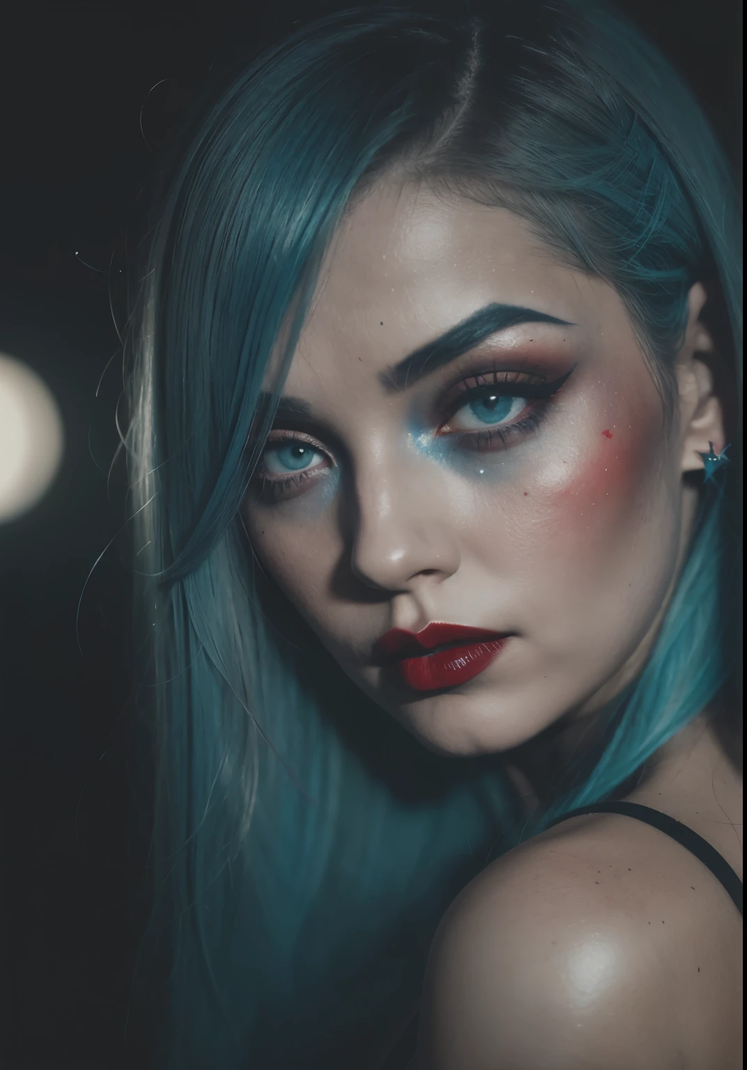 (1girl),light blue hair,beige shirt,(red makeup:1.2),(Ancient makeup),(Substance:1.2),(Stars:1.4),directed by Shane MacMullan,neon pop art style,photos taken with ektachrome,(gothic style dark and moody tones),softbox lighting,instax film,stunning photo of a beautiful woman,color film photo,FilmG,8k,original photo,(Film Grain:1),(Floating Dust Grain:1.2),Award Winning photo,24mm,focus,spotlight,rim light,dark,dim,low key,deep shadow,fog, huge breasts, skin-tight top, thick lips, red lips, fat lips, very long hair