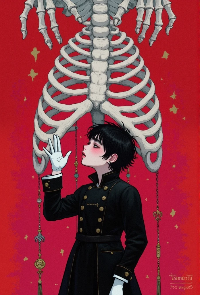 The Magician, The tarot card of the magician is an androgynous man with short hair wearing white gloves. In front of him there's a ribcage that has two arms reaching out to touch his face. On a red background