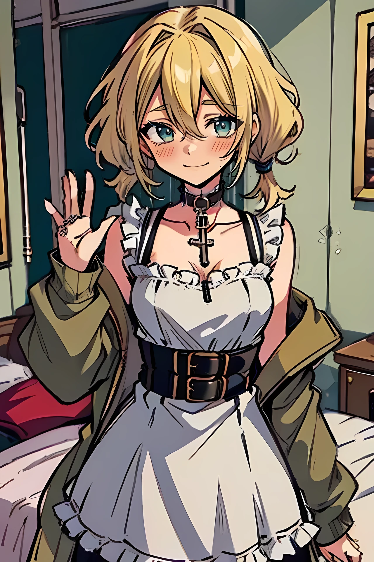 (masterpiece:1.2), (high quality:1.2), rekkyo sensen, rekkyou sensen, girls with(((1girl, solo, aiden d adams, blonde hair, teal eyes, smiling, blush, wavy short hair, low twintails:1.3), maid, off-shoulder sleeves, bare shoulder, breasts, choker, cleavage, coat, cowboy shot, (white frilled dress:1.2), camisole, stright dress, (((stright dress)))wear, white apron, collar, collarbone, rosary, rosary choker, cross, fur, khaki hoodie, green hoodie, hood down, hooded coat, hooded jacket, hoodie, jacket, large breasts, long sleeves, medium breasts, open clothes, open coat,open hoodie, sleeveless, winter clothes, zipper, cleavage, upper body, hand up, waving, palm)), background with((bedroom, room:2.0))