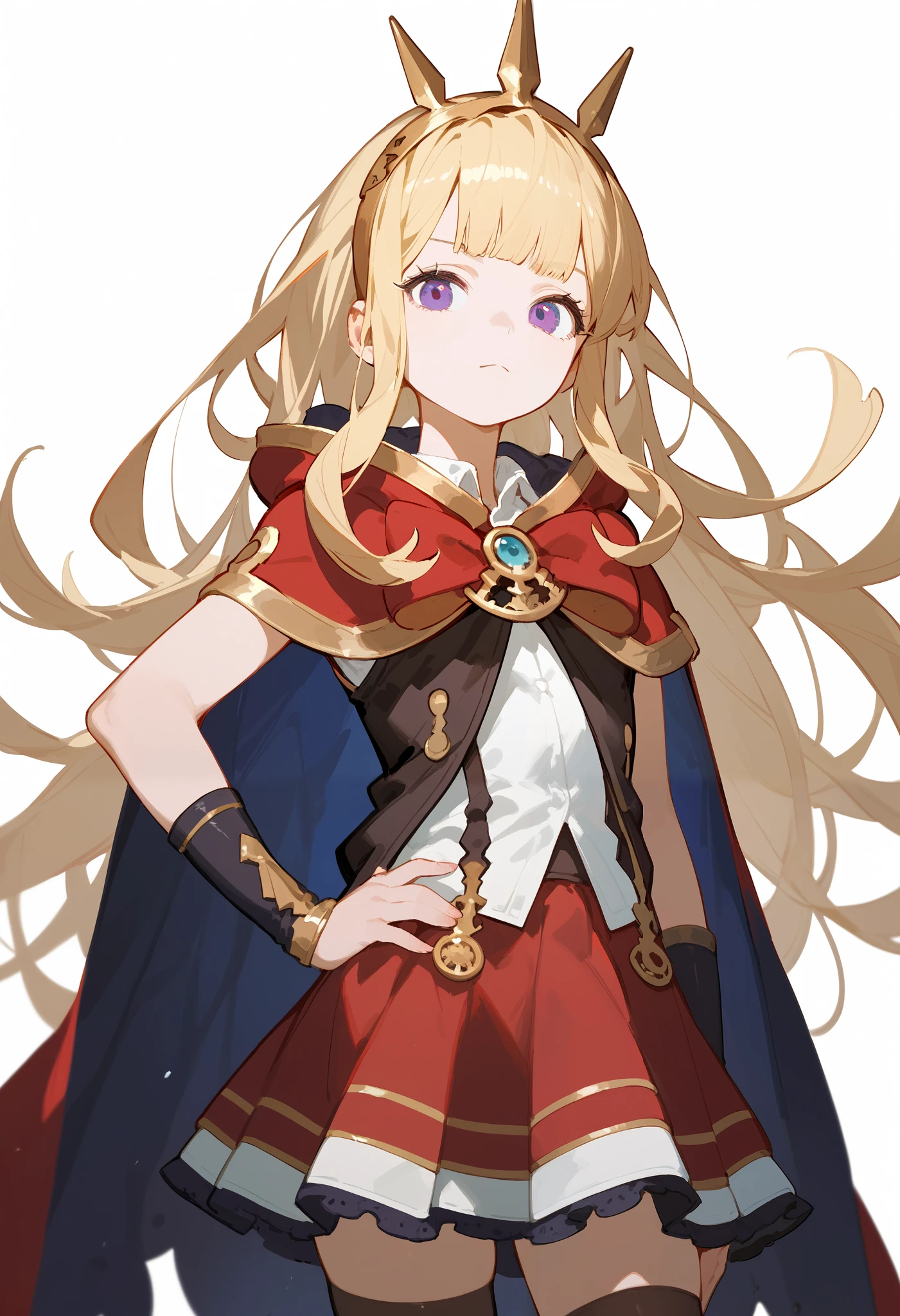 (score_9, score_8_up, score_7_up), 1girl, solo, gbf-cagliostro, Cagliostro, long blonde hair, purple eyes, hairband, crown, black thighhighs, red bow, red skirt, cape, white shirt, hand on hip, looking at viewer, neutral, upper body, portrait, white background, simple background