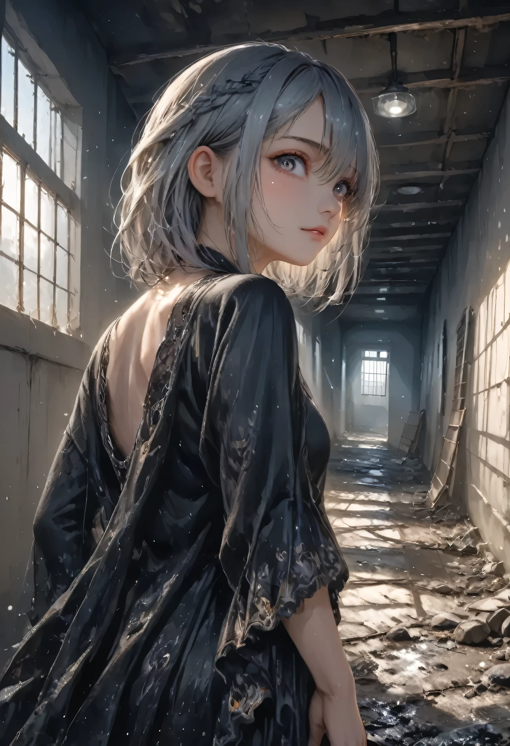 masterpiece, best quality, 8k, highres, ultra-detailed, HDR, UHD, ultra-fine painting,1girl,prison