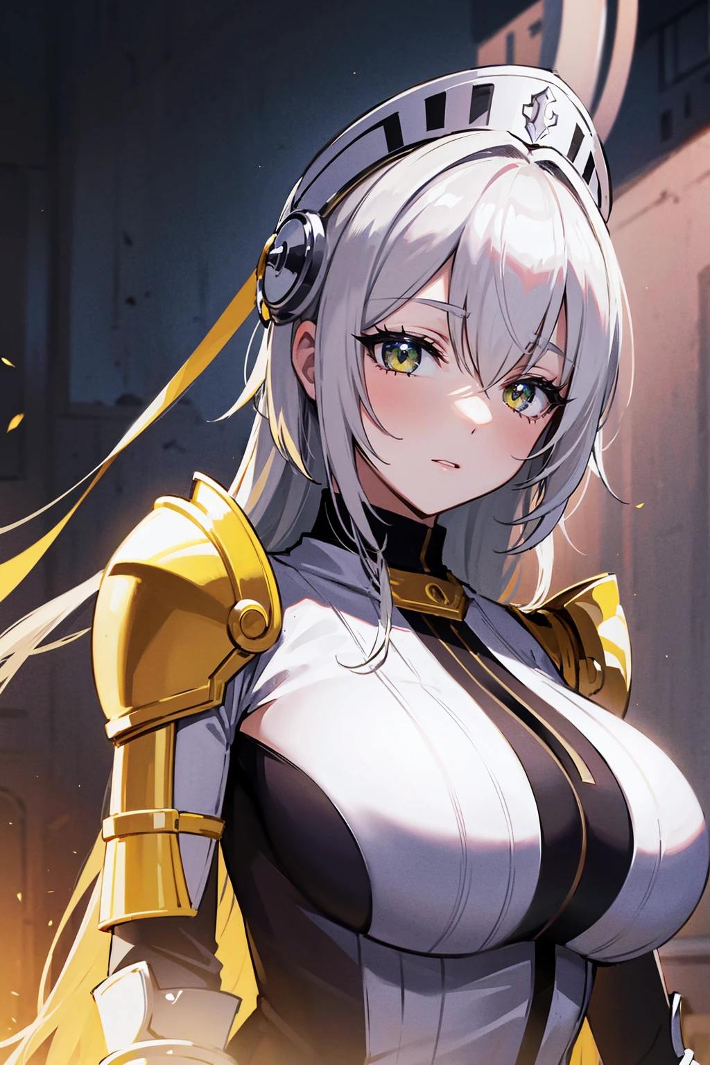 platinum-hair anime-woman with a feather-knight-hat, big breasts, calm-expression, silver-armor with yellow details