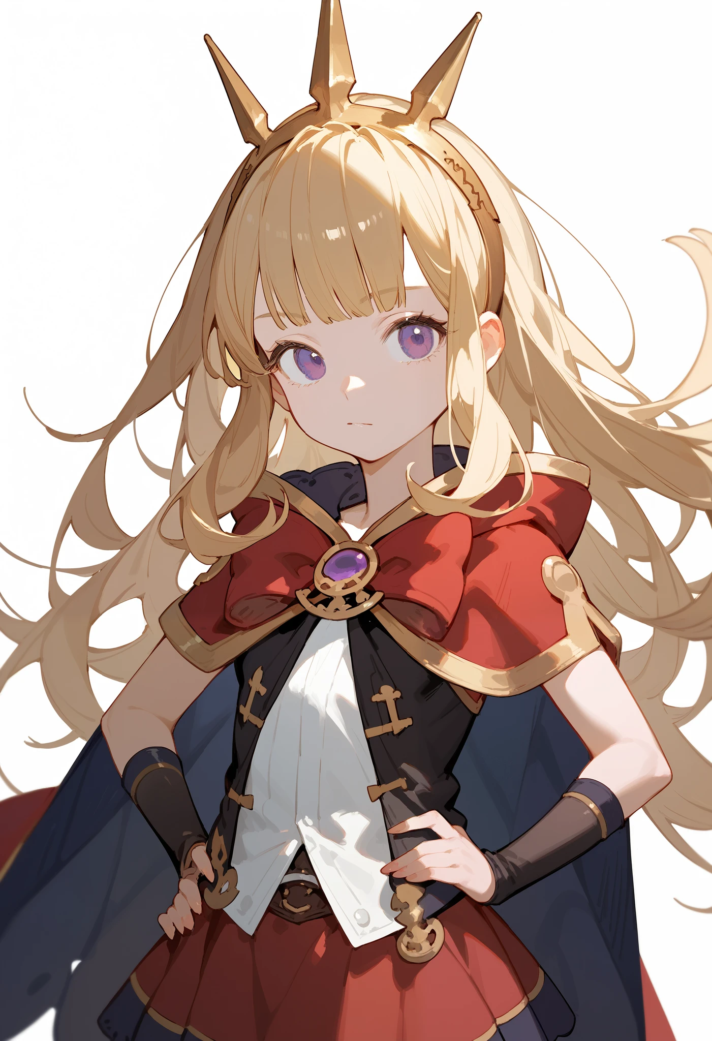 (score_9, score_8_up, score_7_up), 1girl, solo, gbf-cagliostro, Cagliostro, long blonde hair, purple eyes, hairband, crown, black thighhighs, red bow, red skirt, cape, white shirt, hand on hip, looking at viewer, neutral, upper body, portrait, white background, simple background