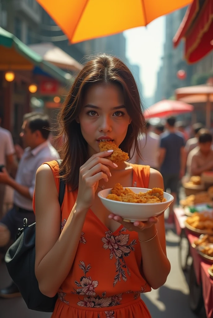 foodtease, beautiful young indonesian woman licking   on a small peeled banana,  suggestive, looking at viewer, pink kebaya,  sunny day in a crowded Bandung street, pov, UHD 8k focus stacking