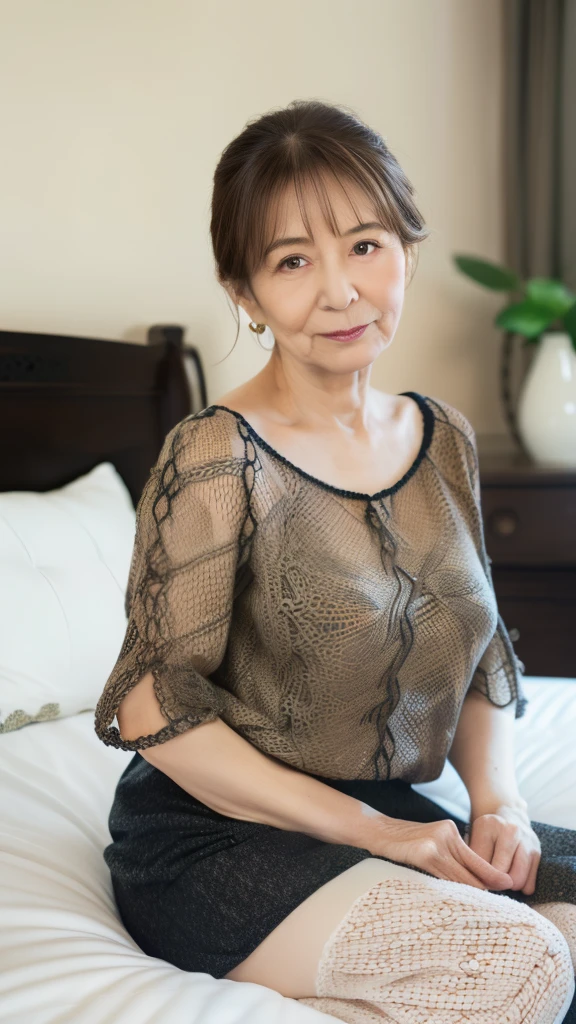 Hi-Res, Hi-Res, attention to detail, masterpiece, Anatomically Accurate , sharp, (( Japanese)),(80 years old:1.5),(old woman:1.5),(An aging body), white skin, long light brown hair , bangs,((( Brown Mary Jane stuffed toy sitting on bed))),(Looking at the photographer),Be in the center of the screen,(sheer knitted blouse:1.3),(skirt:1.1),In the bedroom,( serious expressions:1.1),housewife,( No Emotion:1.1),Narrow Face, Wrinkles on the outer corner of the eye