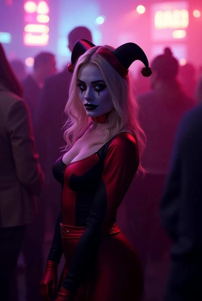 Portrait of Margot Robbie as clown at the crowdy party, wearing closed Black-Red clown suit, harley quinn style, her face is illuminated by neon lights, looks like harley quinn, violet color, he stands, model shooting style (extremely detailed CG unity 8k wallpaper), full frame photography of the most beautiful work of art in the world, professional, trending on ArtStation, trending on CGSociety, intricate, highly detailed, clear focus, dramatic, photorealistic painting by Midjourney and Greg Rutkowski