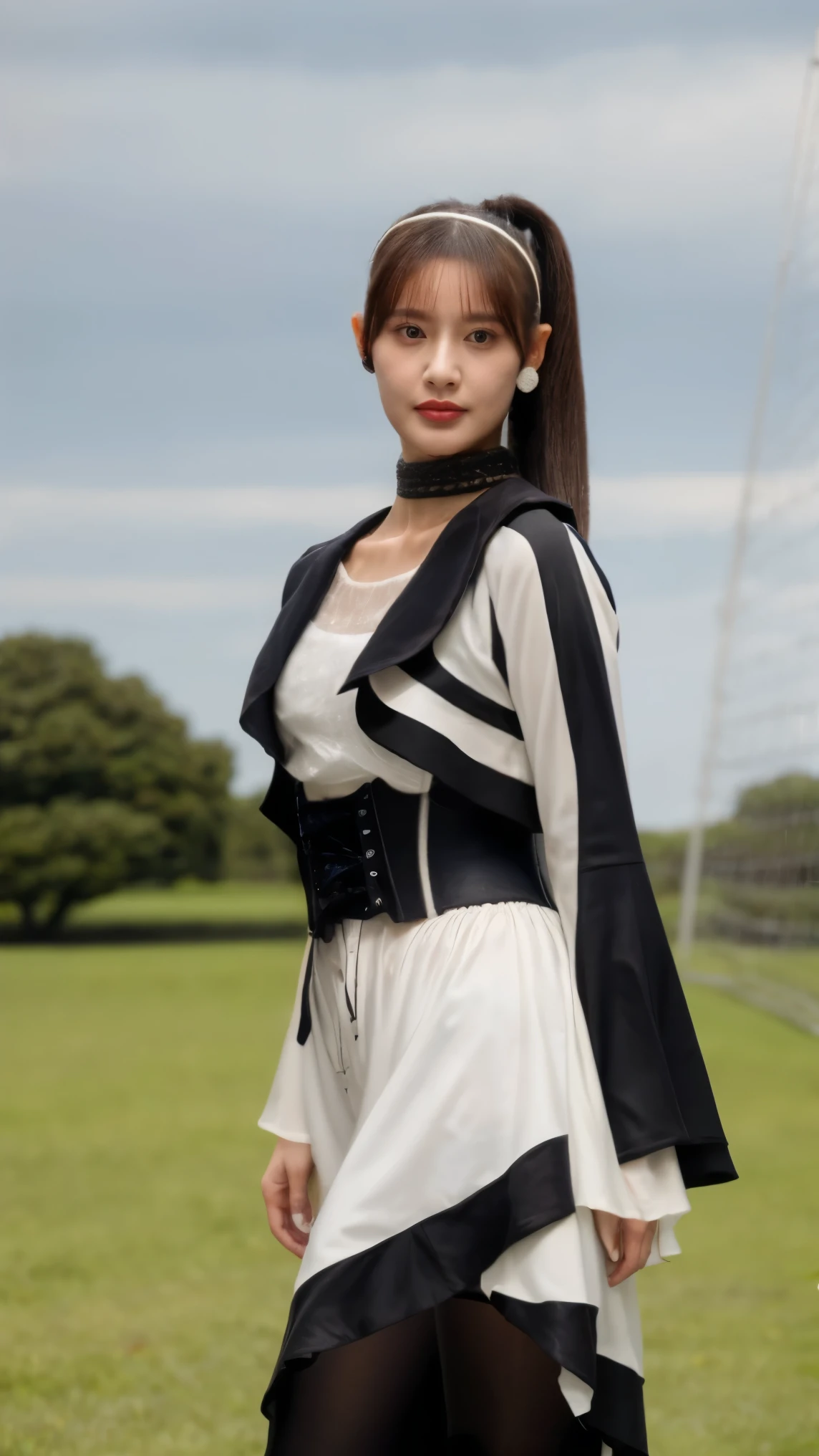 (realistic, photo-realistic:1.2), (masterpiece, best quality), 8k, RAW photo, intricate details, extremely detailed, sharp focus, solo, 1girl, posing for gravure photography, model pose, (TsumuriGeats, black hair, side ponytail, bangs, hair behind ear, hairband, black choker, black jacket, black belt, corset, white dress, wide sleeves, pantyhose, knee boots, high heels, earrings, jewelry), pale skin, beautiful face, detailed face, detailed eyes, sophisticated nose, shiny skin,wide hips, photo background, outdoors, blue sky and clouds,