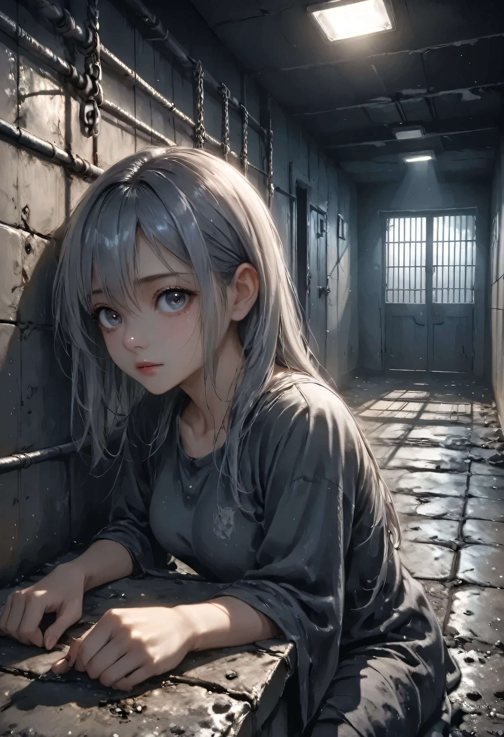 masterpiece, best quality, 8k, highres, ultra-detailed, HDR, UHD,dark theme,1girl, sit down,desolate prison,
Behind bars,
confinement,
prison cell