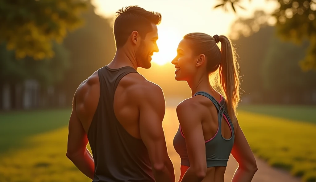 A skinny, athletic girl and a tall, athletic boy with his hair tied back.