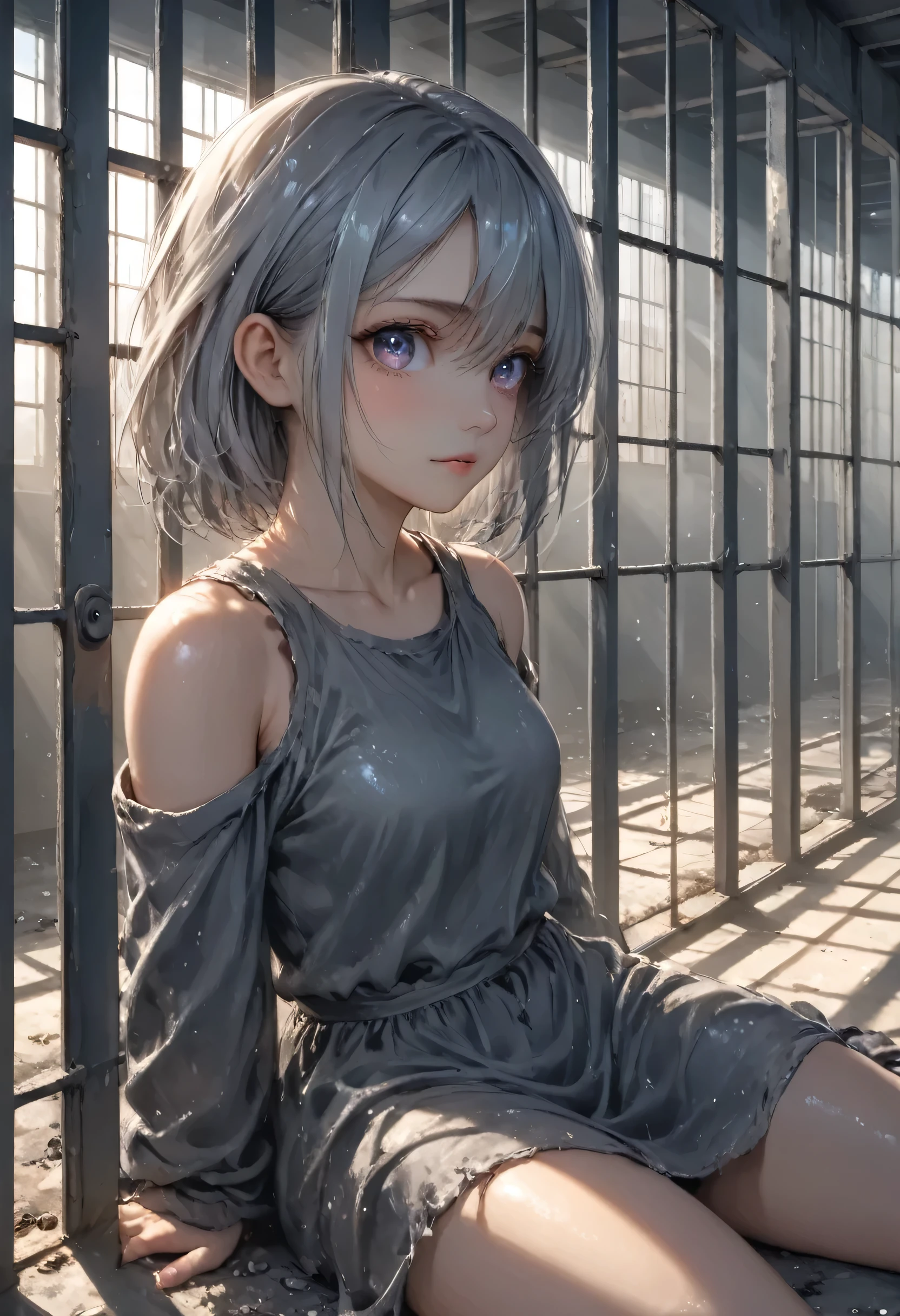 masterpiece, best quality, 8k, highres, ultra-detailed, HDR, UHD,1girl, sit down,desolate prison,
Behind bars,
confinement,
prison cell