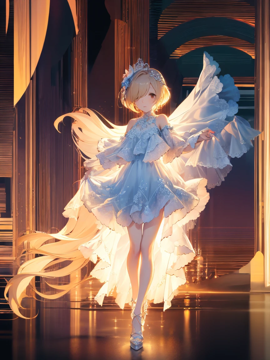 masterpiece，  high quality， Still Image，  girl，blonde， Knight ，Night Sky， is floating in the air， cloud girl， cloud， （features： 1.1），   Rich and Colorful ， Transparent body，Sparkling，Full body love ，  green skirt ， blue skirt，  Marked Veins Transparent Clothes , (blondeの髪, Hair above the eyes,  short hair) ,  Brown Eyes  ,  flat chest