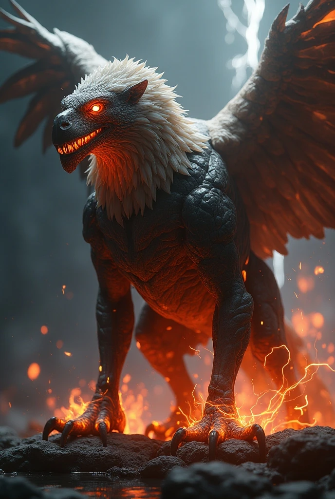 a hybrid wolf eagle creature, highly detailed, photorealistic, 4k, dynamic flames background, intricate feathers, glowing eyes, muscular body, powerful wings, cinematic lighting, dramatic composition