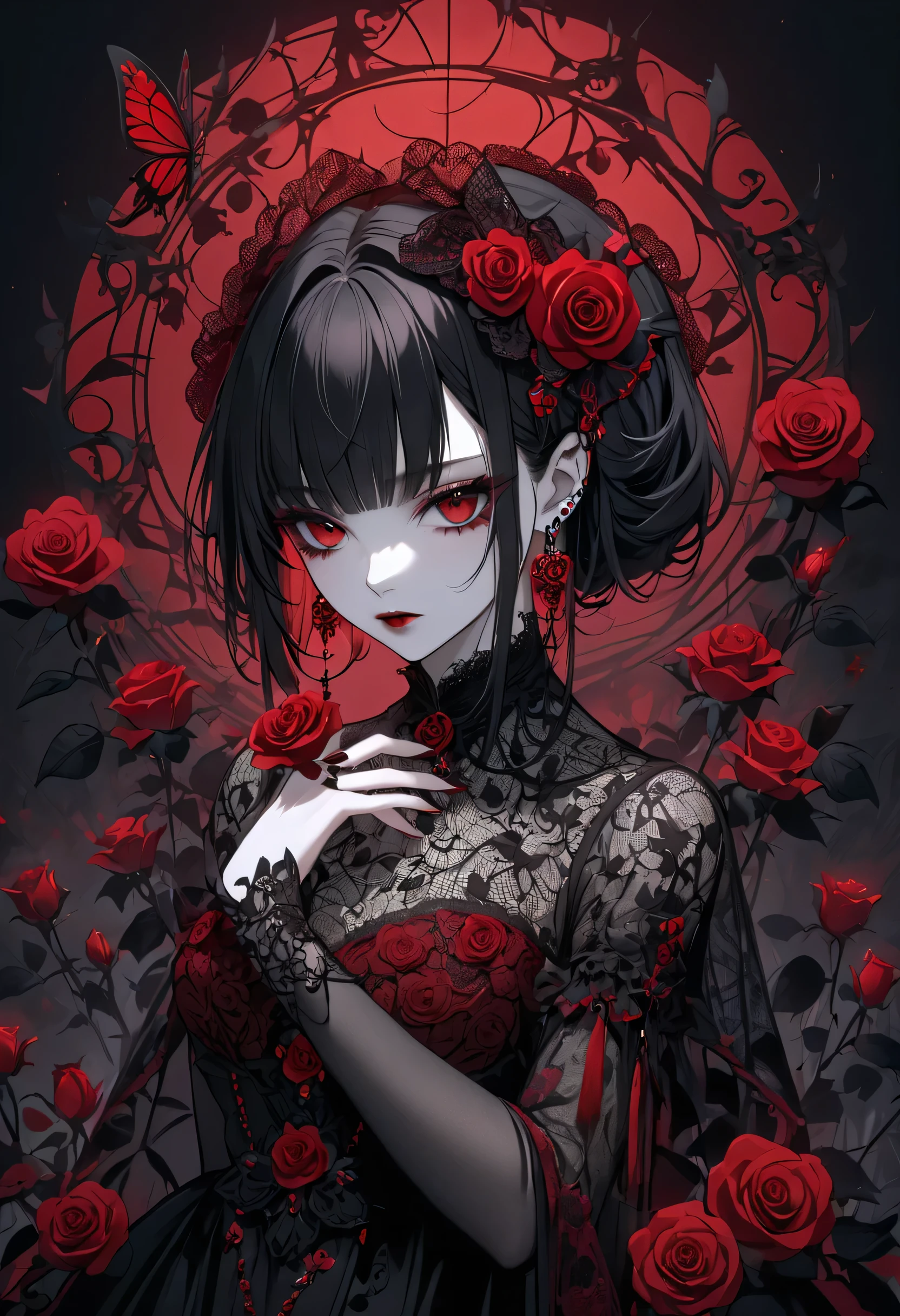 gothic anime 1girl, dark aesthetic,dark gothic, black hair with bangs, red eyeshadow, pale skin, holding red roses, intricate lace dress, vampire vibes, melancholic expression, detailed earrings, gothic jewelry, dark background with floral pattern, red and black color scheme, mysterious and elegant, seductive gaze, gothic fashion, fantasy atmosphere, haunting beauty, butterfly near roses, intricate details