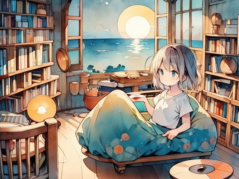 Attic、Round window、sunset、Large sofa、Bookshelf、record、lo-fi、chill
