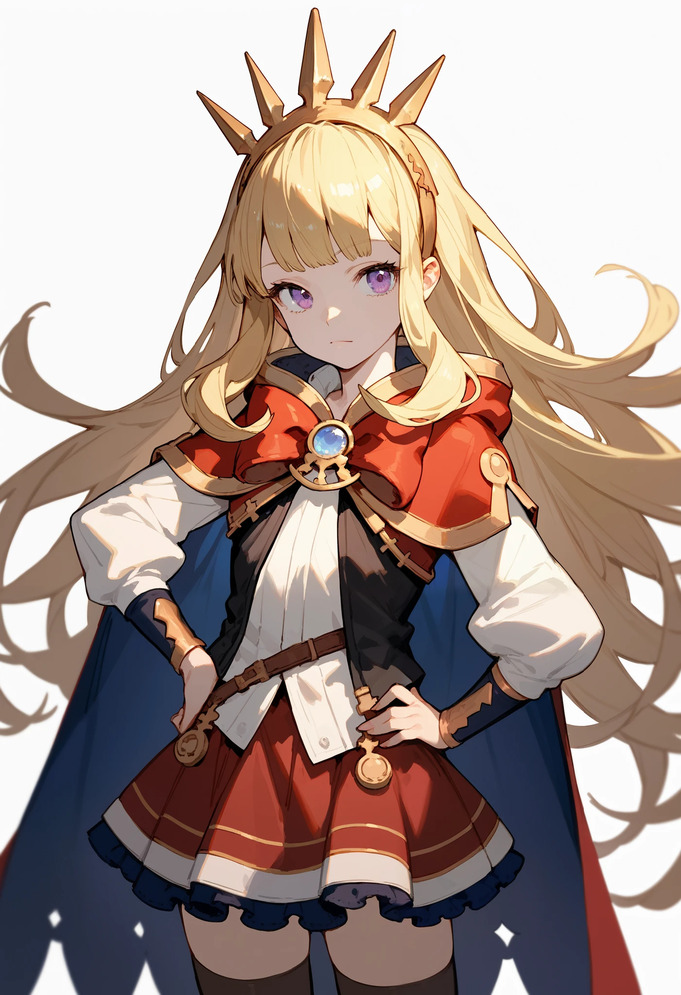 (score_9, score_8_up, score_7_up), 1girl, solo, gbf-cagliostro, Cagliostro, long blonde hair, purple eyes, hairband, crown, black thighhighs, red bow, red skirt, cape, white shirt, hand on hip, looking at viewer, neutral, upper body, portrait, white background, simple background