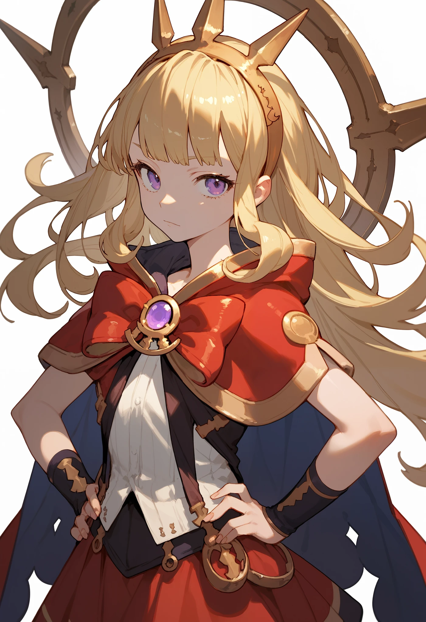 (score_9, score_8_up, score_7_up), 1girl, solo, gbf-cagliostro, Cagliostro, long blonde hair, purple eyes, hairband, crown, black thighhighs, red bow, red skirt, cape, white shirt, hand on hip, looking at viewer, neutral, upper body, portrait, white background, simple background