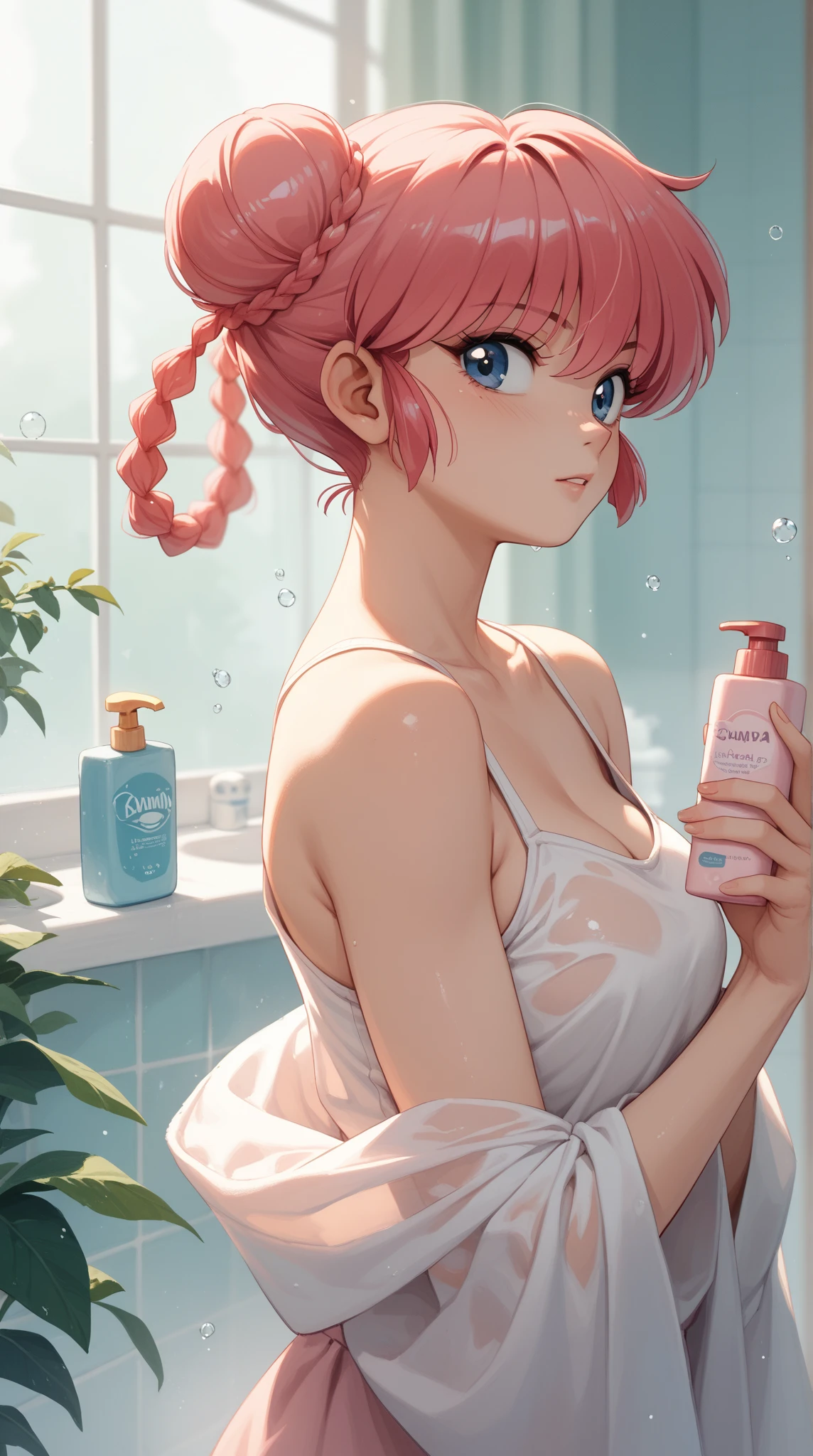 pink hair naked women taking shower in bathroom, water drops in her body, wet, red transparent panty