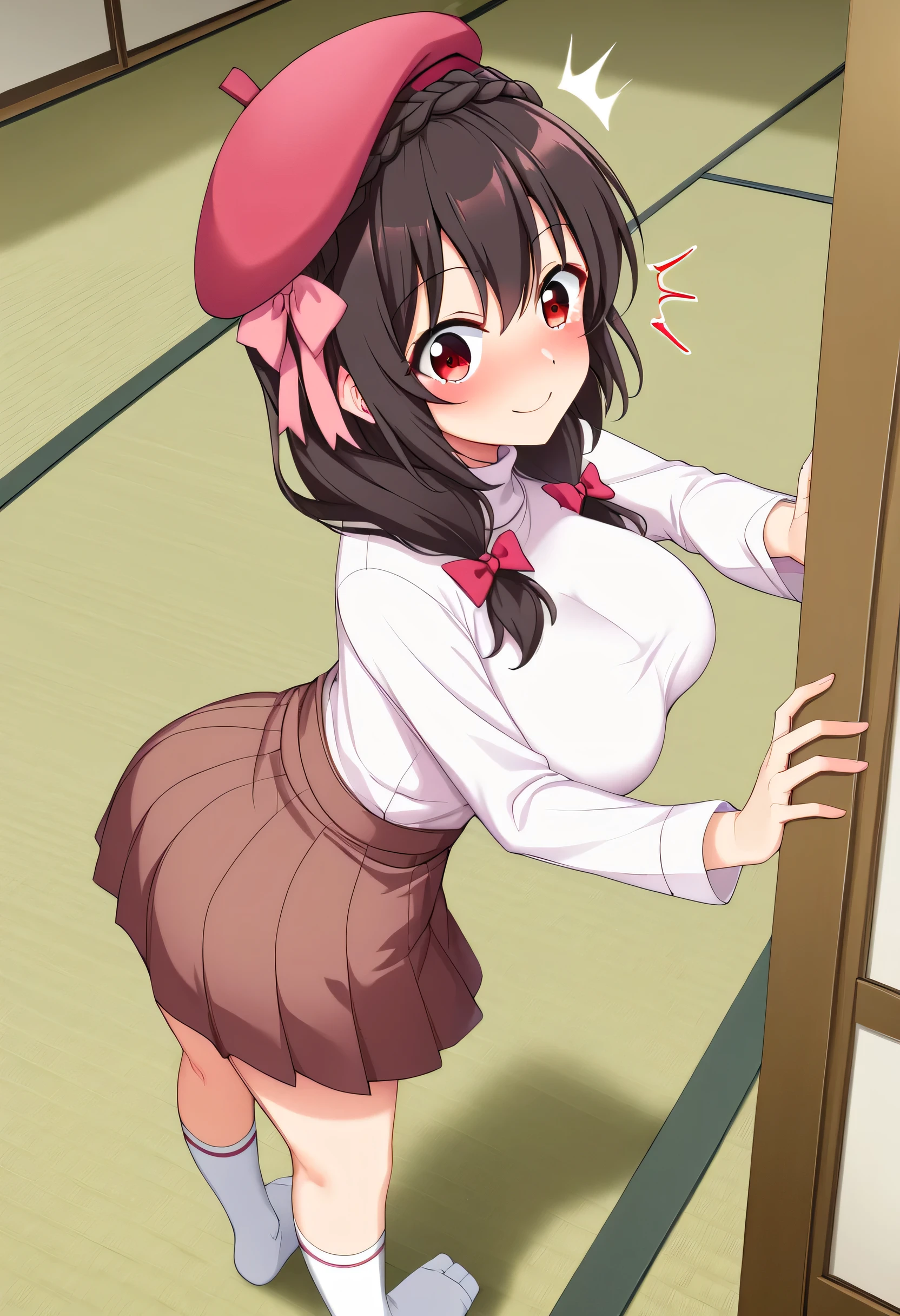 yunyun、masterpiece,Best Quality,  Hi-Res,one person, Yunyun、My name is Yunyun,  crown braid the same color as hair, Black Hair、Red eyes、 hair accessories ,  hair bow, ( white turtleneck:1.2), ( brown skirt ),  knee socks, She has big breasts、(Surprised Smile:1.2)、(blush)、(Tatami room:1.2)、Looking at the viewer、Standing、( wearing a pink beret)、(My skirt is fluttering)、(Looking Back)