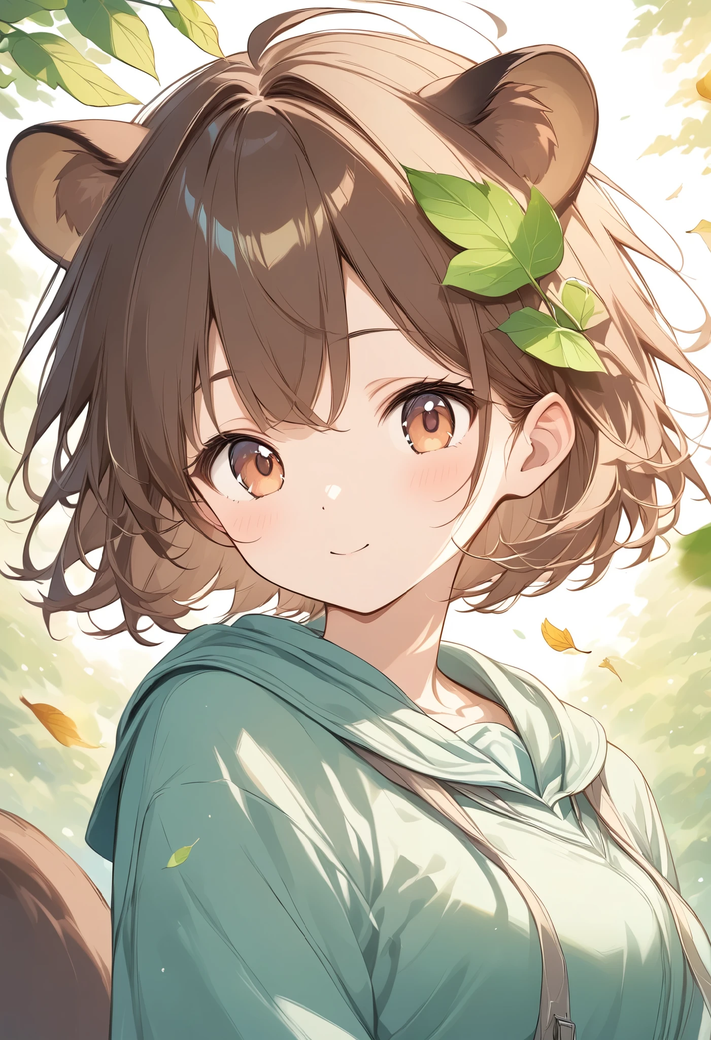   thin and soft painting style、autumn、Falling leaves fluttering、 sunlight shines in 、 Beautiful Artwork 、Raccoon Girl、Raccoon ears、Raccoon Tail、Brown Hair、 short hair、In the head１Place a green leaf 