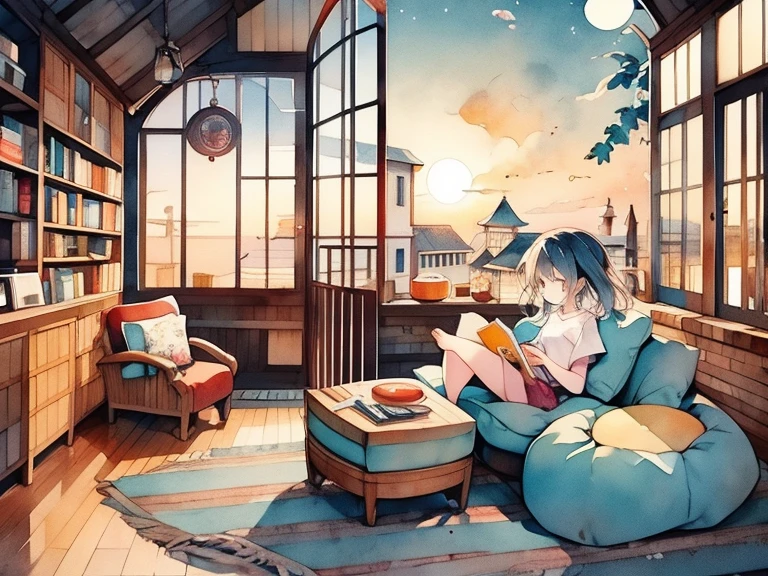 Attic、Round window、sunset、Large sofa、Bookshelf、record、lo-fi、chill
