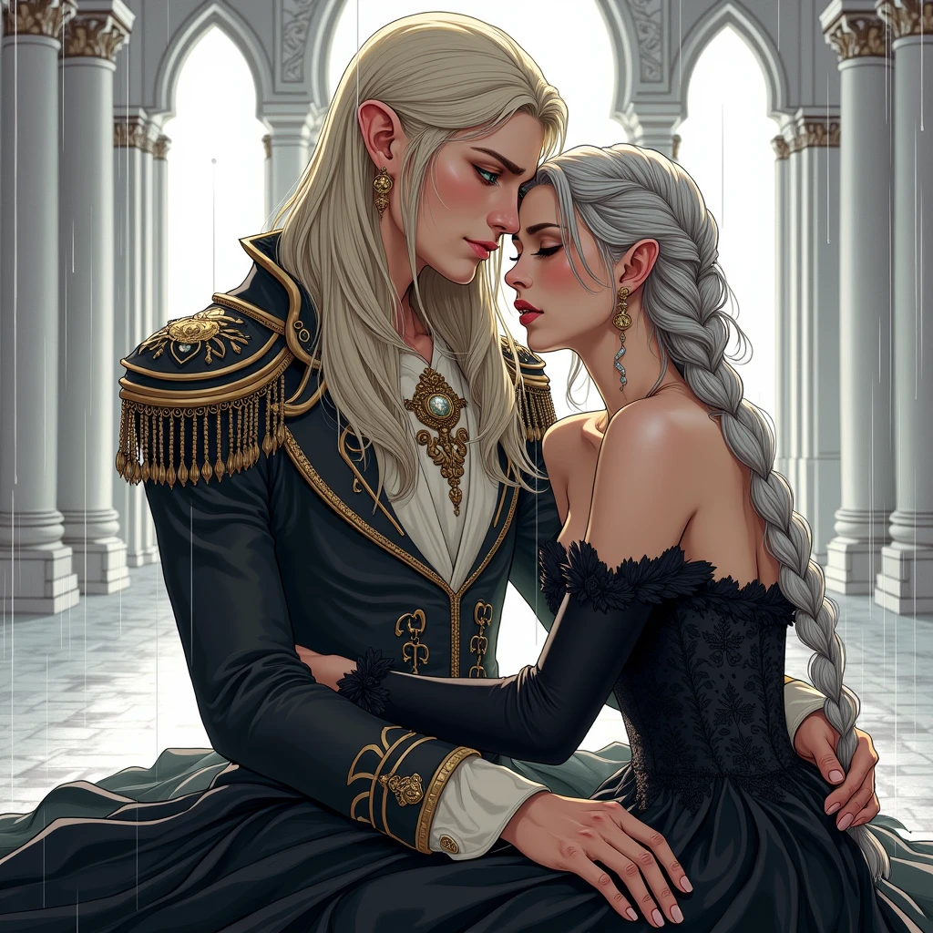 (best quality, highres:1.5), 2people, intimate scene, aristocrat auntie, elegantly dressed, wearing a corset and long skirt, pearls and jewels, knight in shining armor, muscular physique, intricately detailed armor, dimly lit room, candles casting warm light, passionate embrace, intense gaze, sensual facial expressions, passionately kissing, hands exploring each other's bodies, auntie's long grey hair cascading down, knight's sweat glistening on his chiseled features, emerald green bed sheets, vintage decor, passionately intertwined, erotic, romantic, seductive, decadent, z