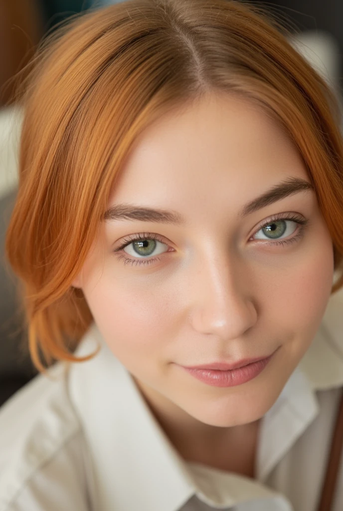 realistic 30 years old french woman with medium ginger hair and green eyes, lesbian looking