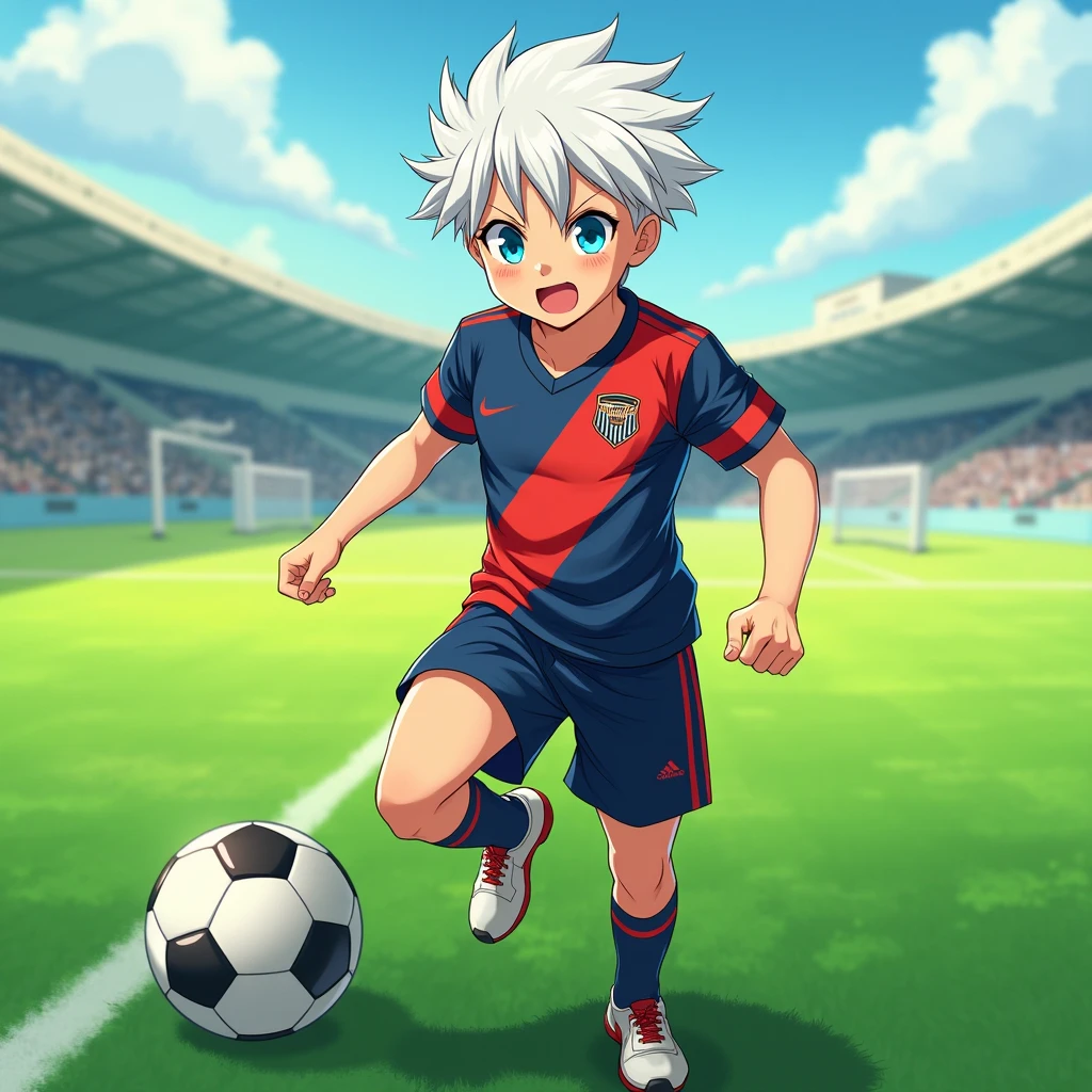 anime boy, soccer uniform, white hair , aquamarine eyes