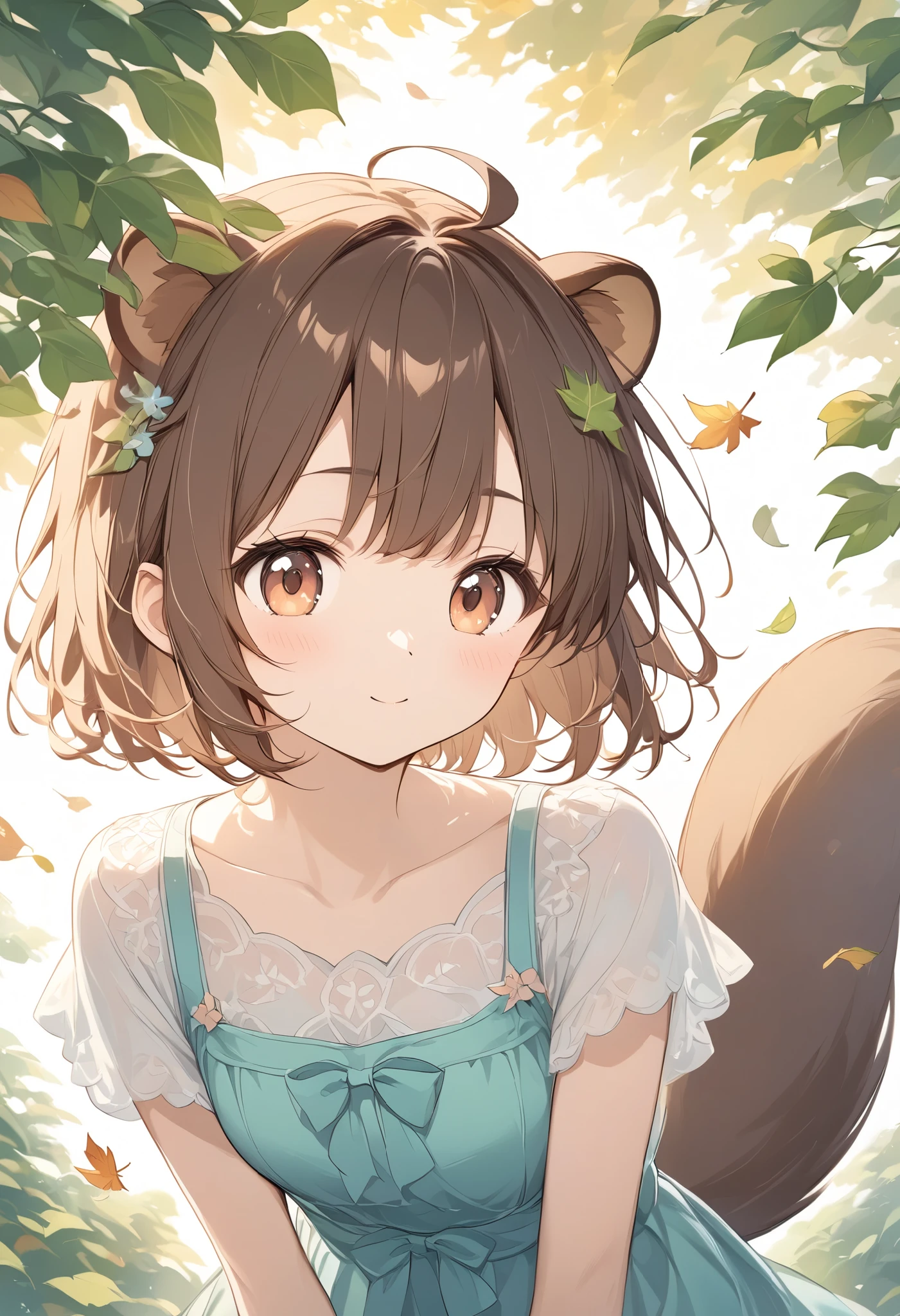   thin and soft painting style、autumn、Falling leaves fluttering、 sunlight shines in 、 Beautiful Artwork 、Raccoon Girl、Raccoon ears、Raccoon Tail、Brown Hair、 short hair、In the head１Place a green leaf 