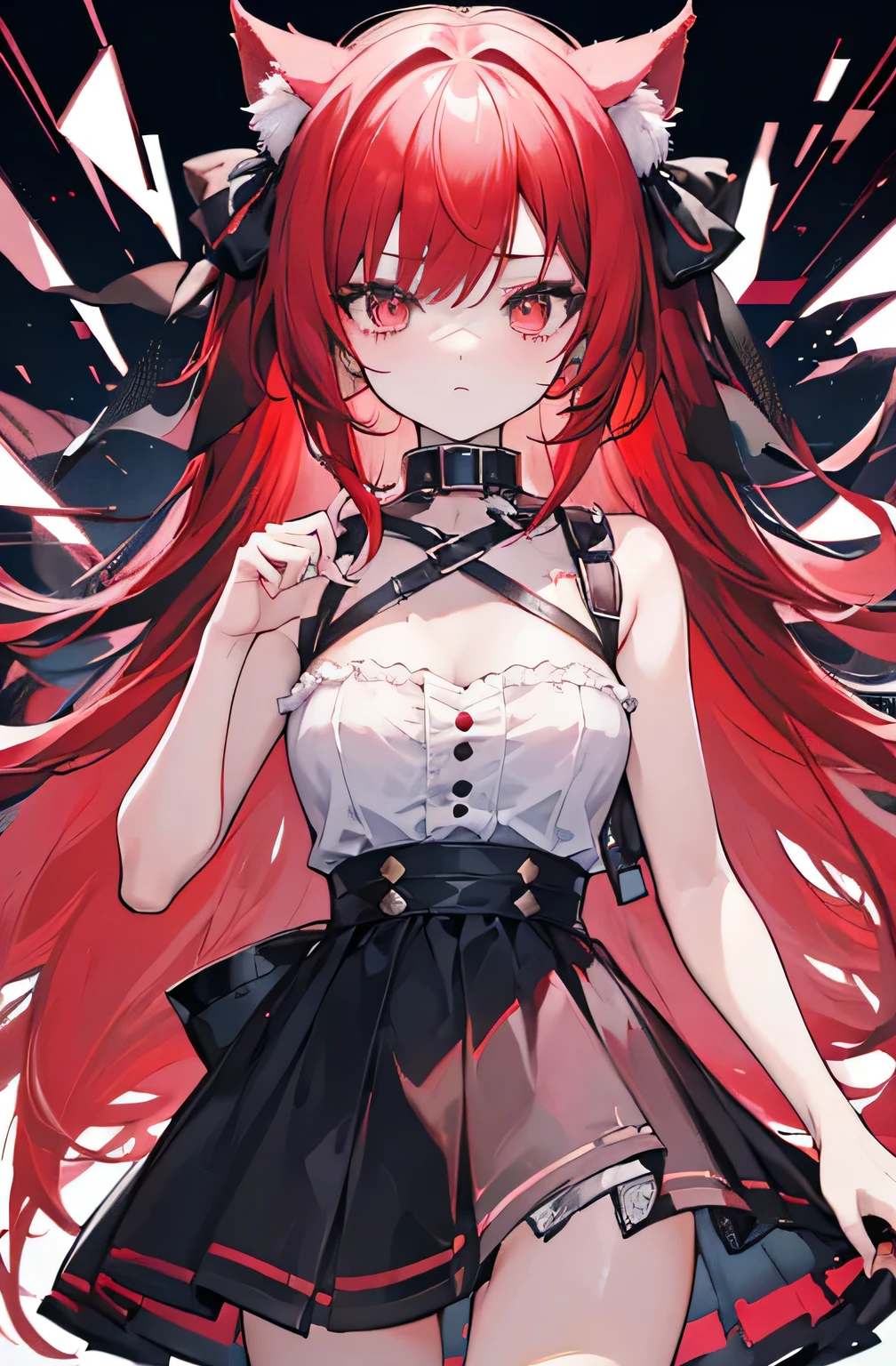 girl with long red hair, heterochromatic eyes, pale skin, flat chest, Wearing a black dress and a crisp pink blouse, With a more elegant and sophisticated touch, Matching her mysterious and intense personality. Overall, Her appearance will be impressive, Attract curious and intriguing looks, flat-chest, Cinematic lighting, chromatic abberation, Backlighting, masutepiece, high details, High quality, 4K.